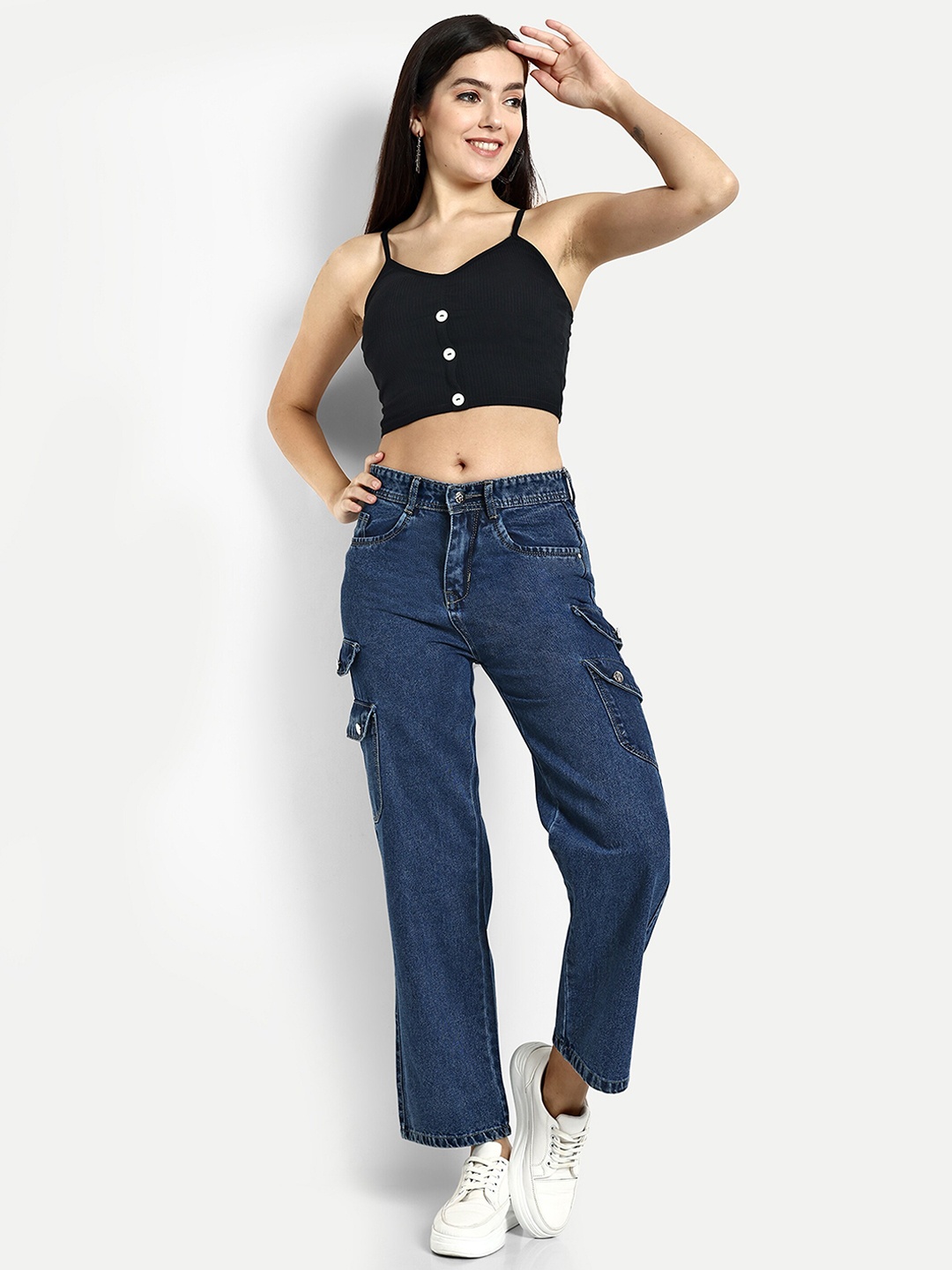 

Next One Women Smart Wide Leg High-Rise Cotton Denim Cargo, Blue