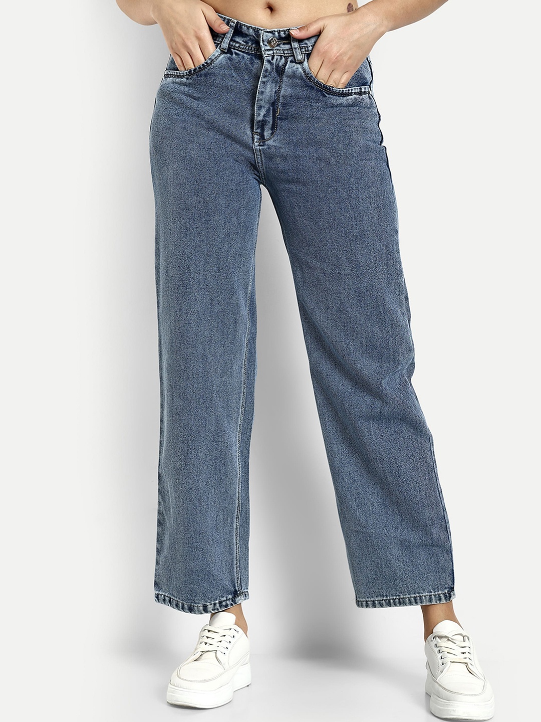 

Next One Women Smart Wide Leg High Rise Clean Look Light Fade Denim Cotton Jeans, Blue