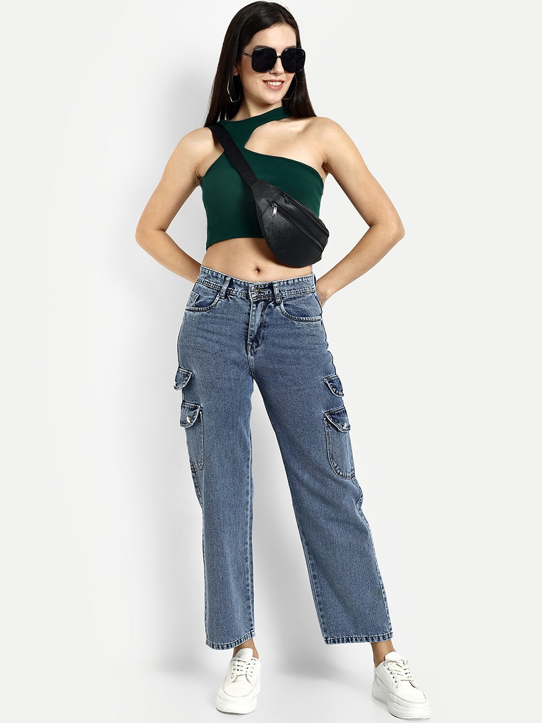 

Next One Women Smart Wide Leg High Rise Clean Look Light Fade Denim Cotton Jeans, Blue