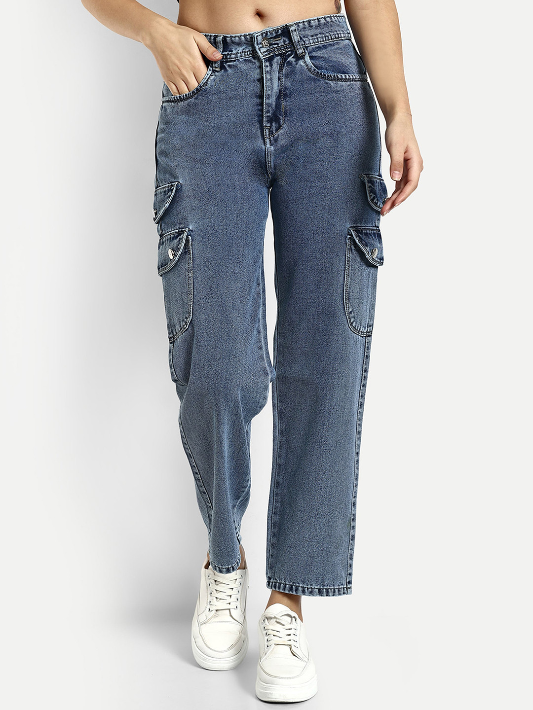 

Next One Women Smart Wide Leg High-Rise Clean Look Denim Cargo, Blue