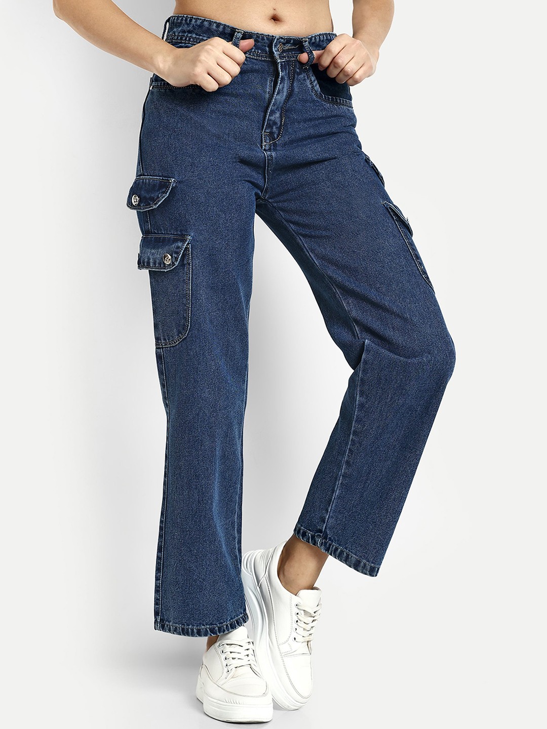

Next One Women Smart Wide Leg High-Rise Clean Look Denim Cargo, Blue