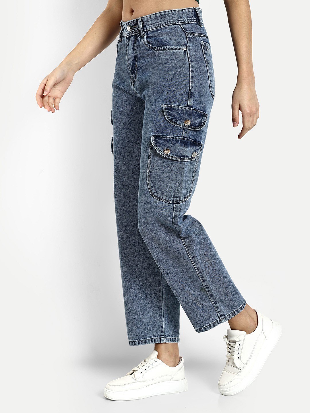 

Next One Women Smart Wide Leg High-Rise Clean Look Denim Cargo, Blue