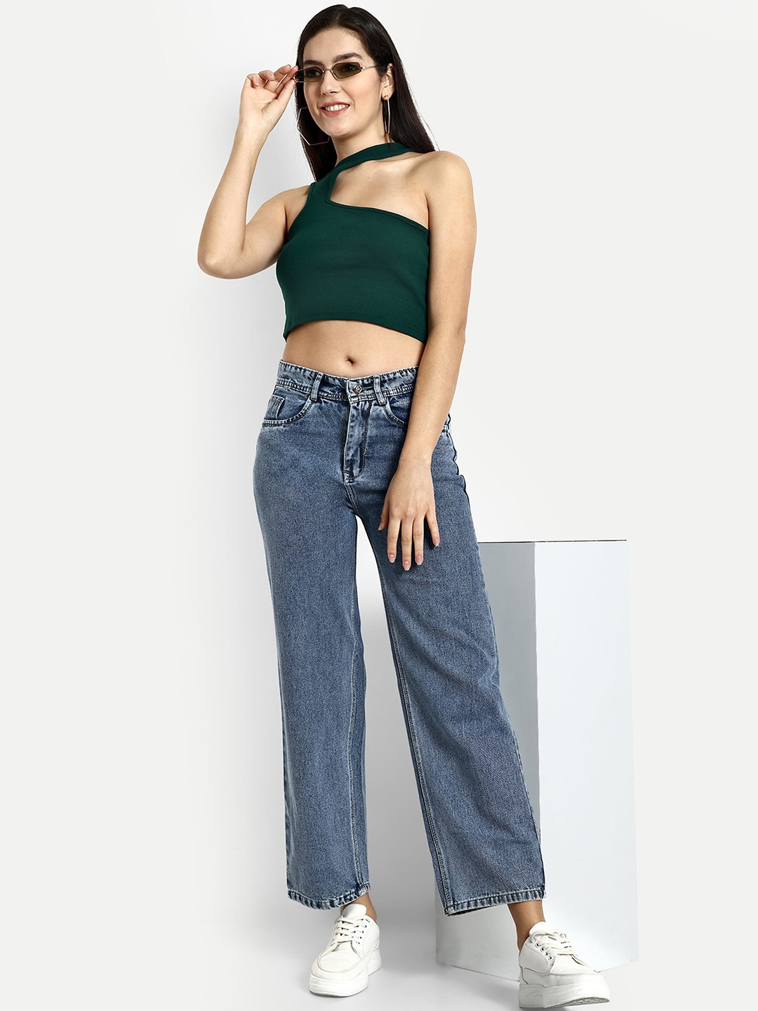 

Next One Women Smart Wide Leg High Rise Clean Look Cotton Jeans, Blue
