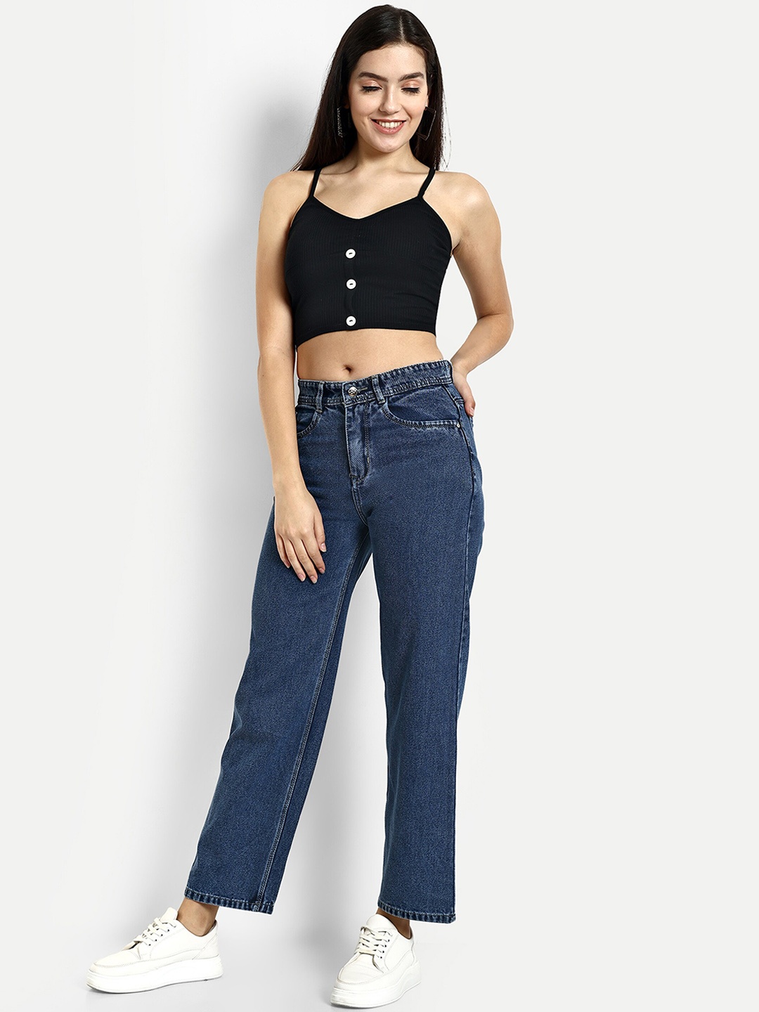

Next One Women Smart Wide Leg High-Rise Clean Look Cotton Jeans, Blue
