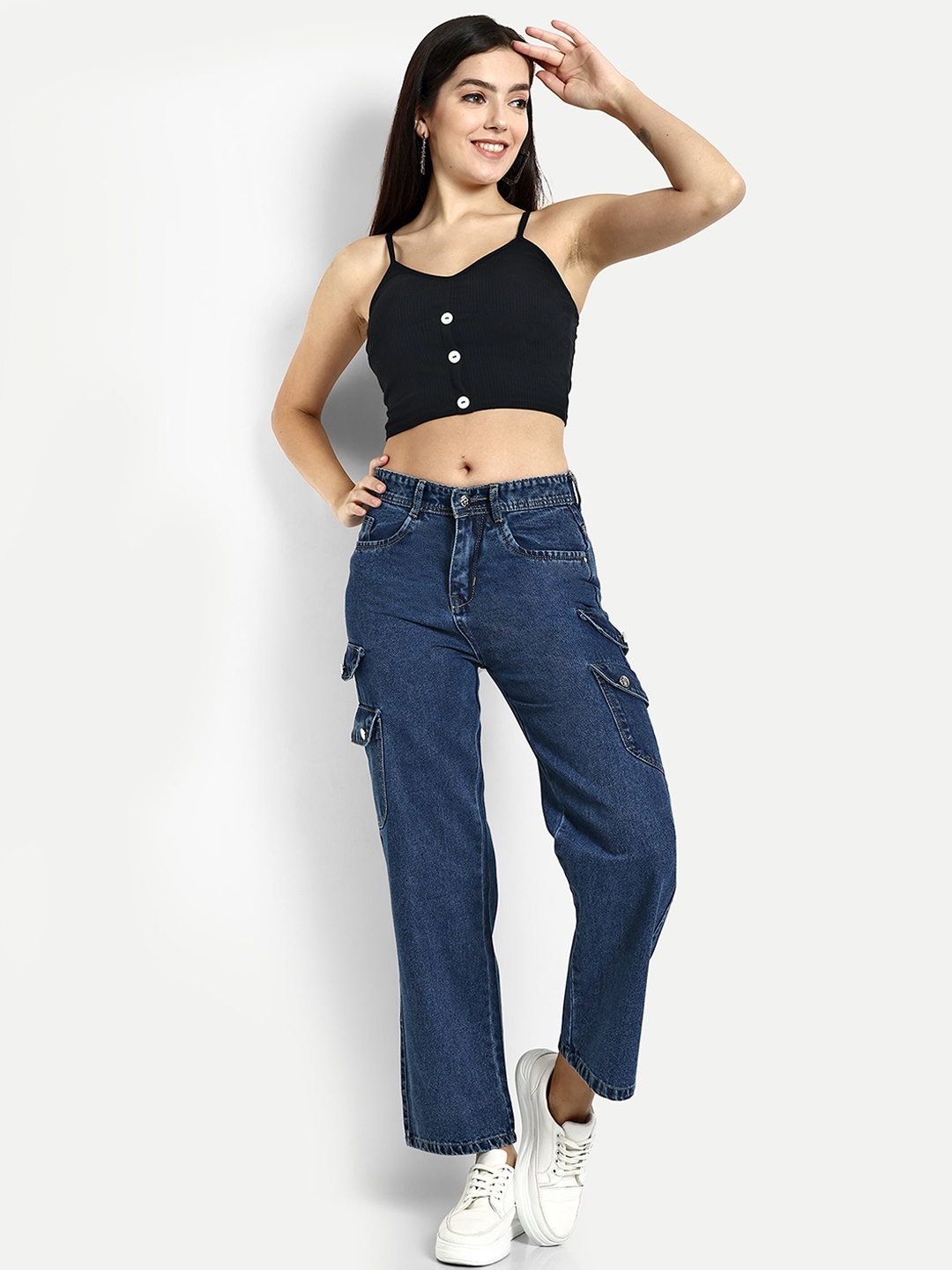

BROADSTAR Women Smart Wide Leg Clean Look High Rise Cotton Jeans, Blue