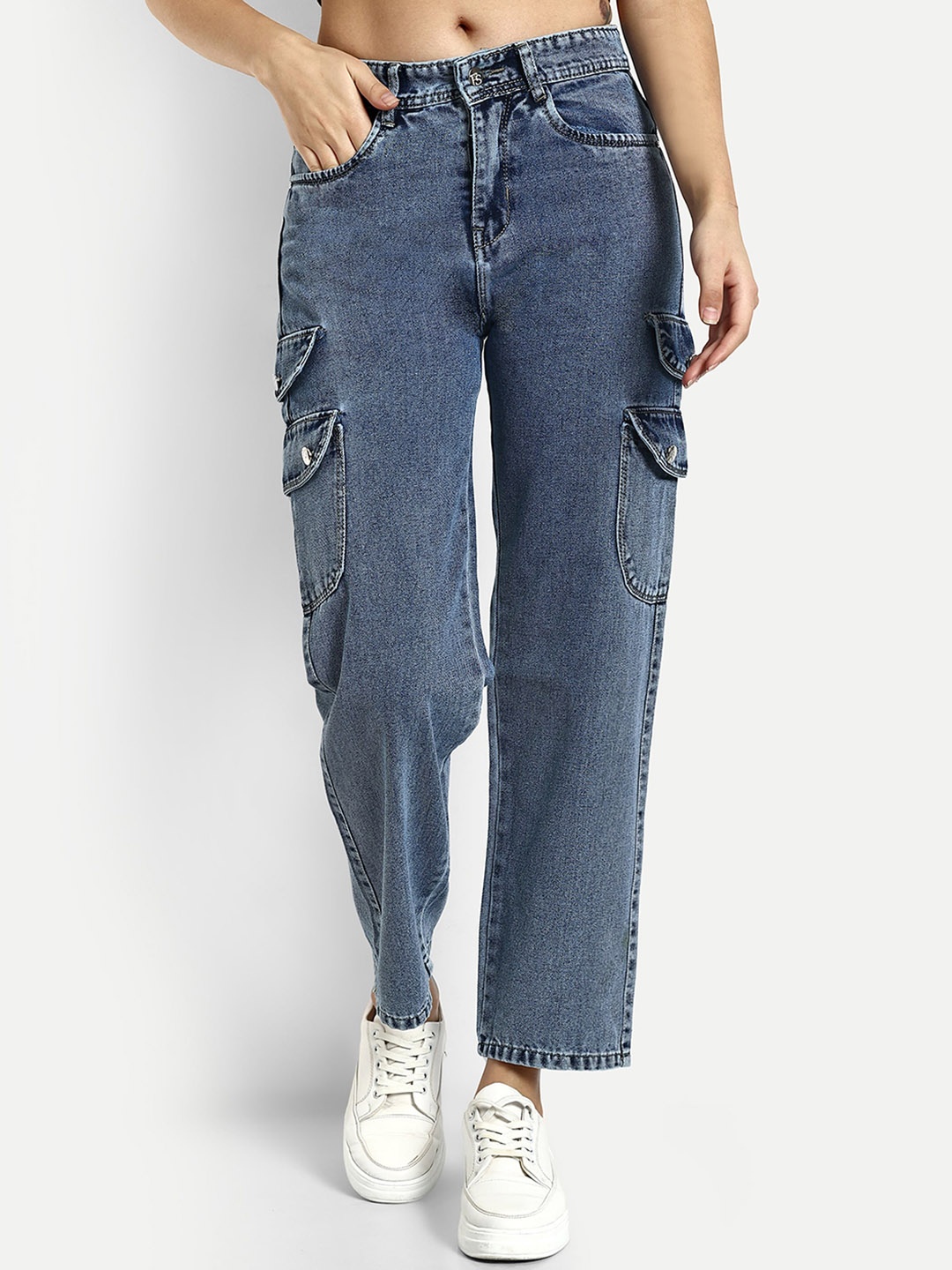 

BROADSTAR Women Smart Cotton High-Rise Denim Cargo, Blue