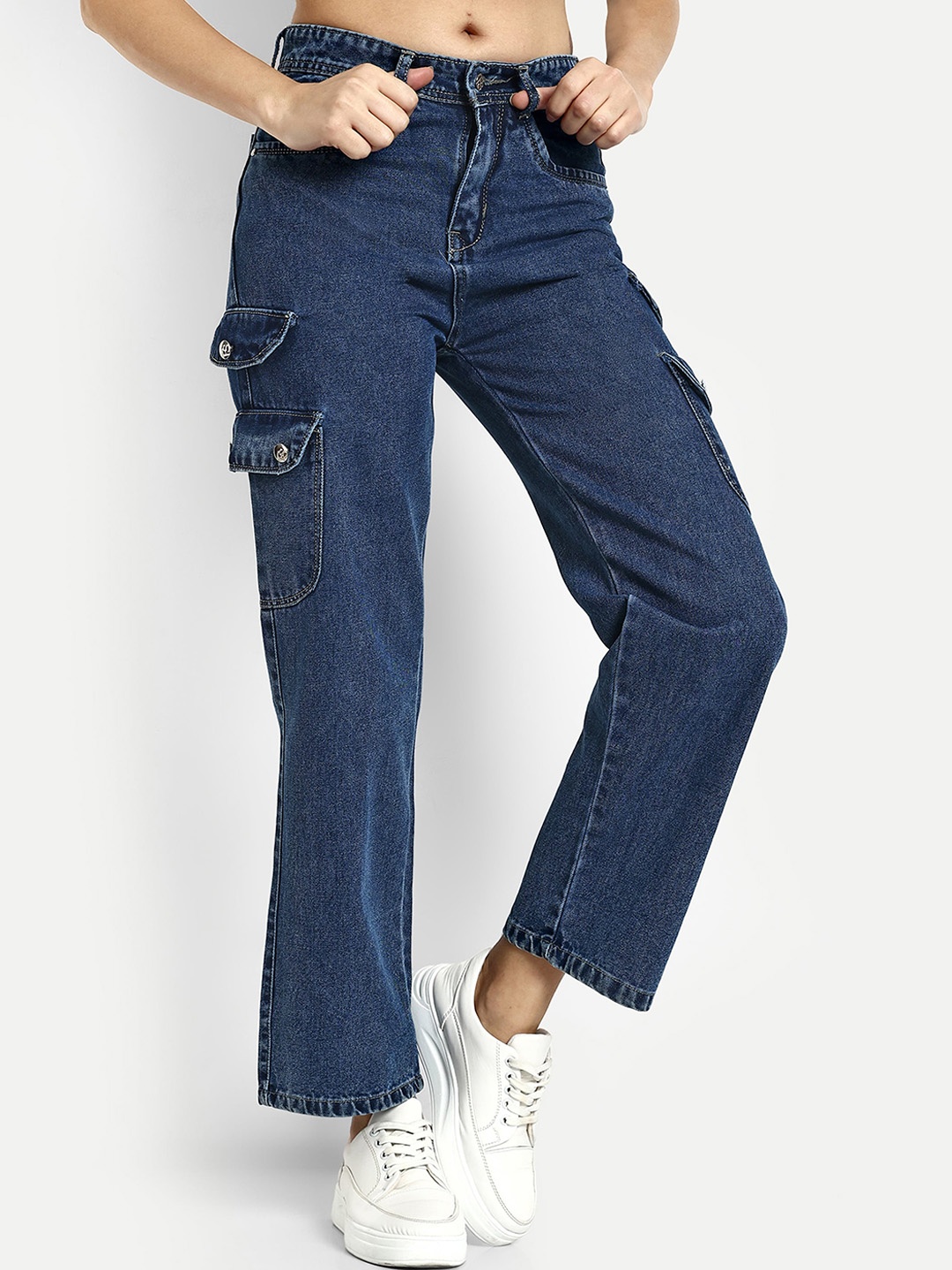 

BROADSTAR Women Smart Wide Leg High-Rise Cotton Cargo Jeans, Blue