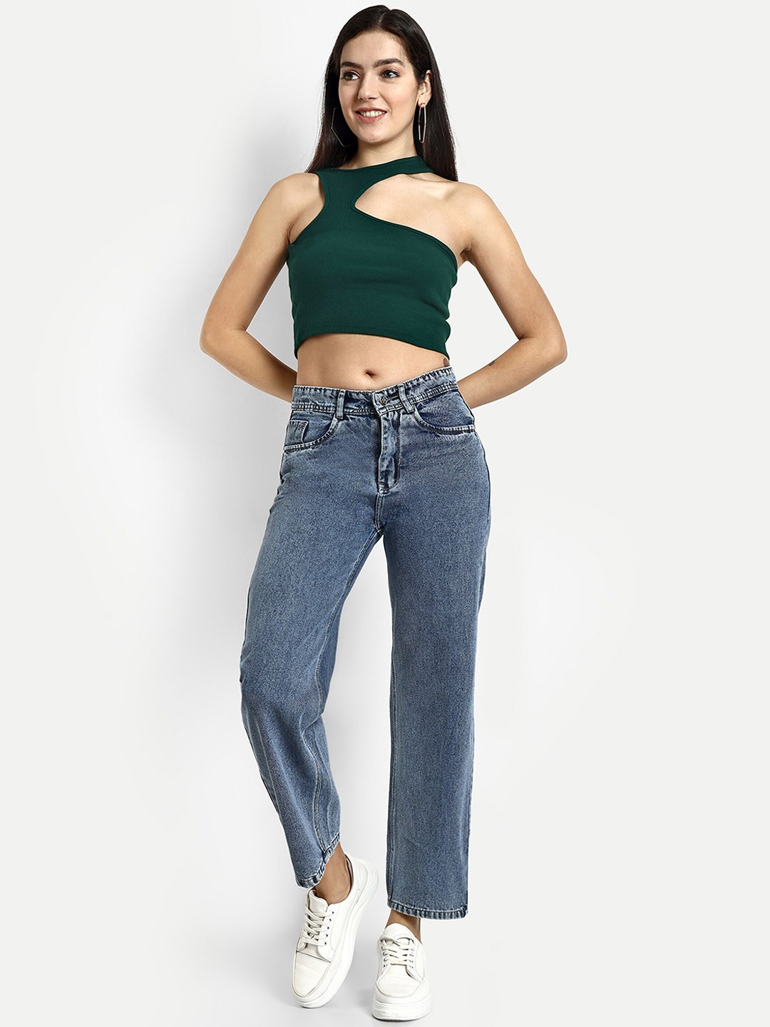 

BROADSTAR Women Smart Wide Leg Clean Look High Rise Cotton Jeans, Blue