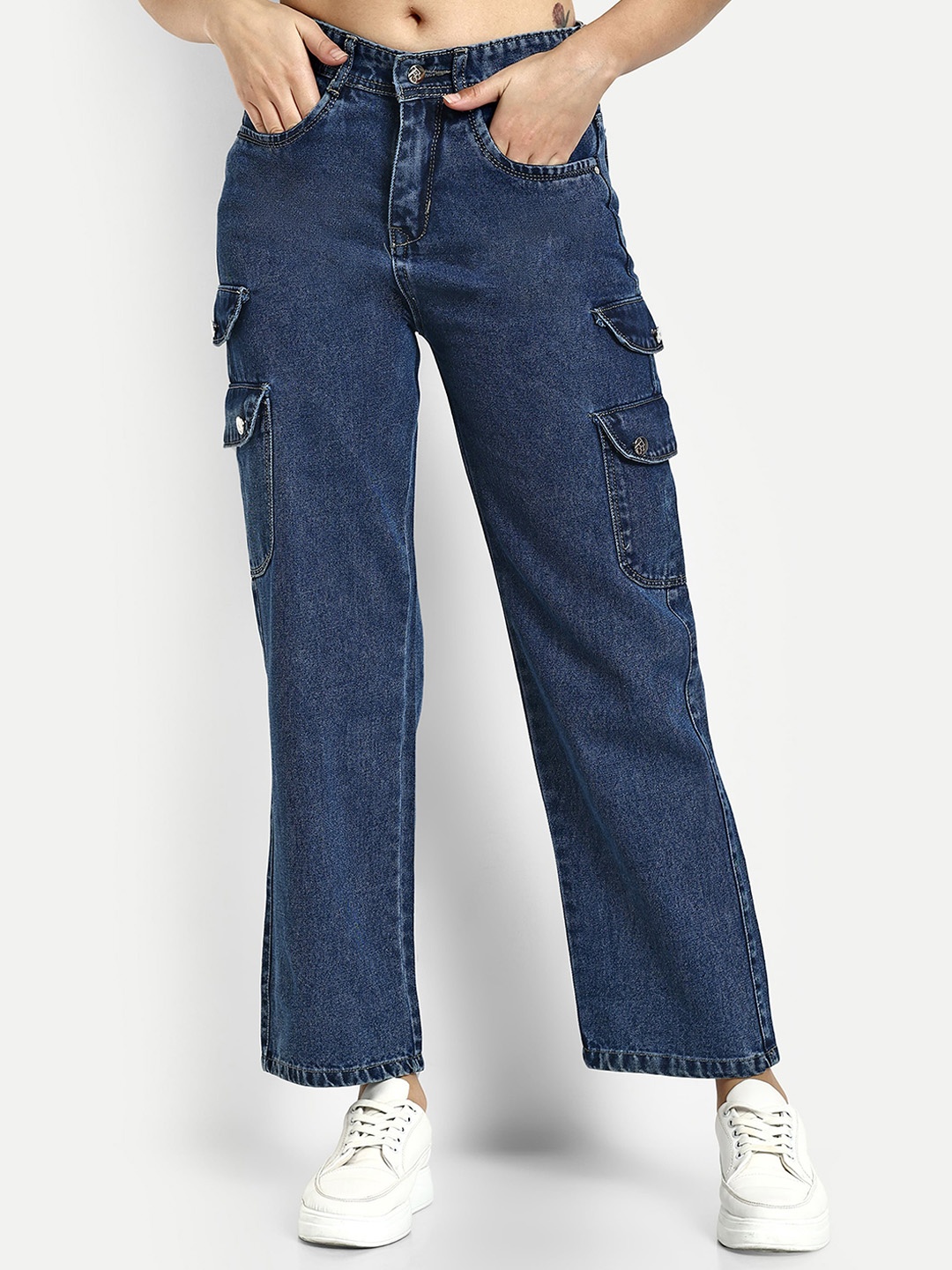 

BROADSTAR Women Smart Wide Leg High-Rise Clean Look Cotton Cargo Jeans, Blue