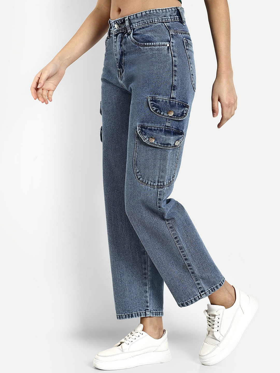 

BROADSTAR Women Smart Wide Leg High-Rise Clean Look Cotton Cargo Jeans, Blue