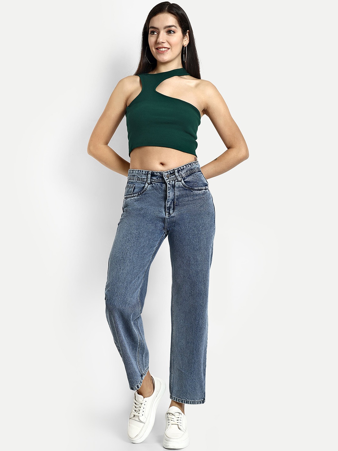 

BROADSTAR Women Smart Wide Leg High-Rise Clean Look Cotton Jeans, Blue