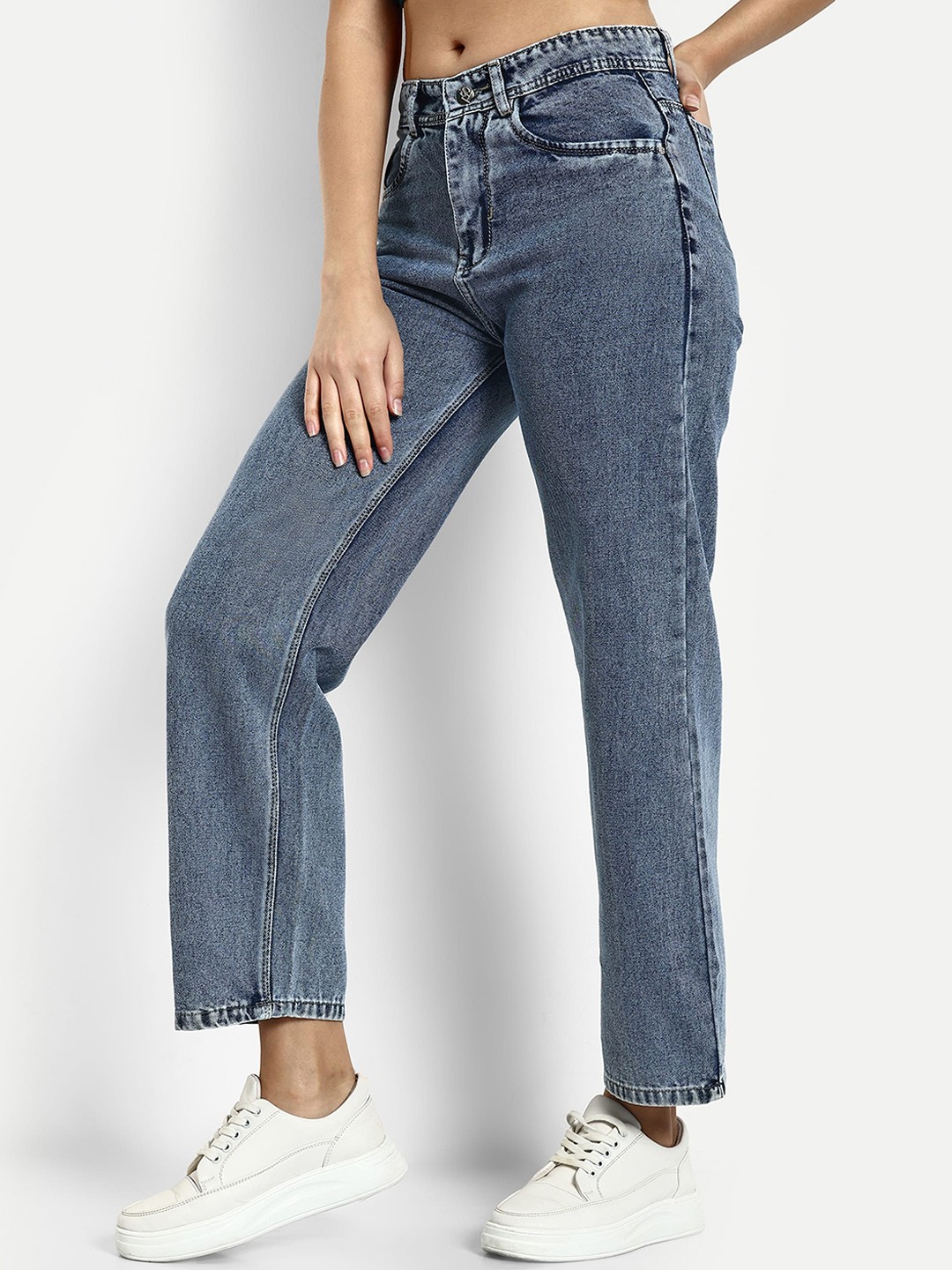 

BROADSTAR Women Smart Wide Leg High-Rise Clean Look Cotton Jeans, Blue