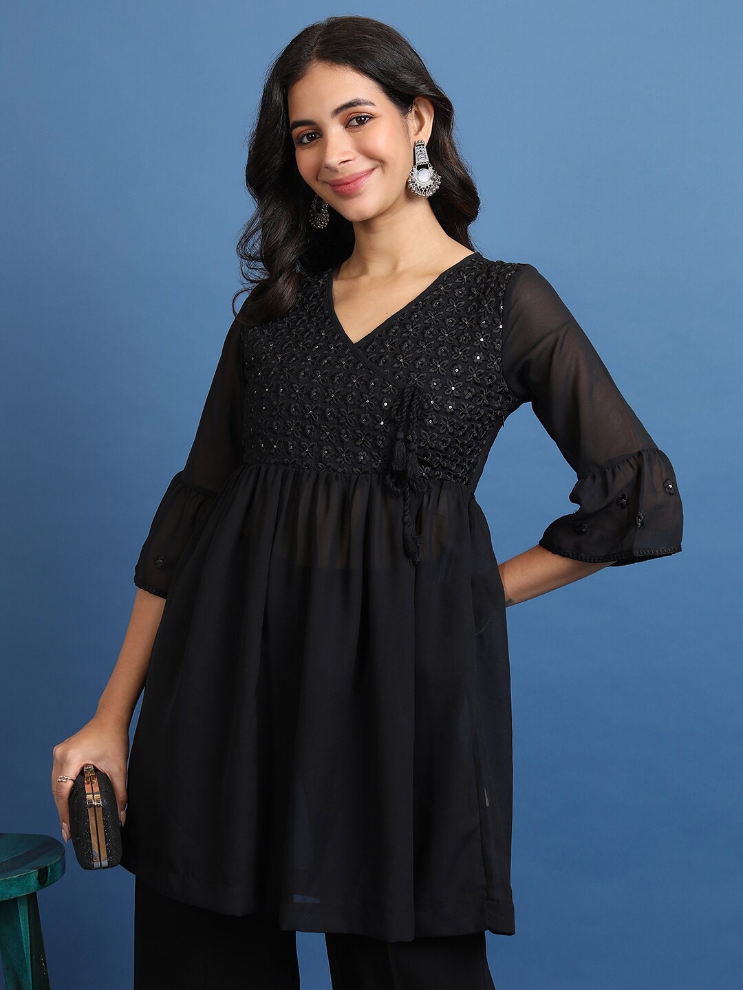 

KETCH Floral Embroidered Sequinned A-Line Angrakha Kurti, Black