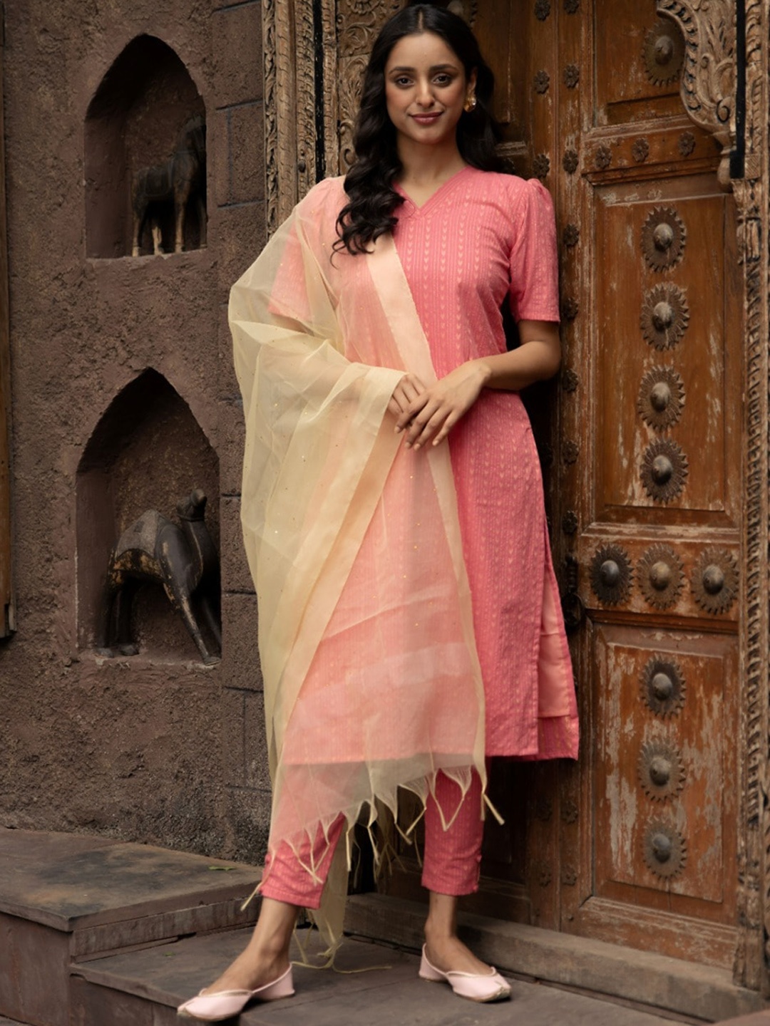 

Vinya Striped V-Neck Regular Kurta With Trousers & Dupatta, Pink