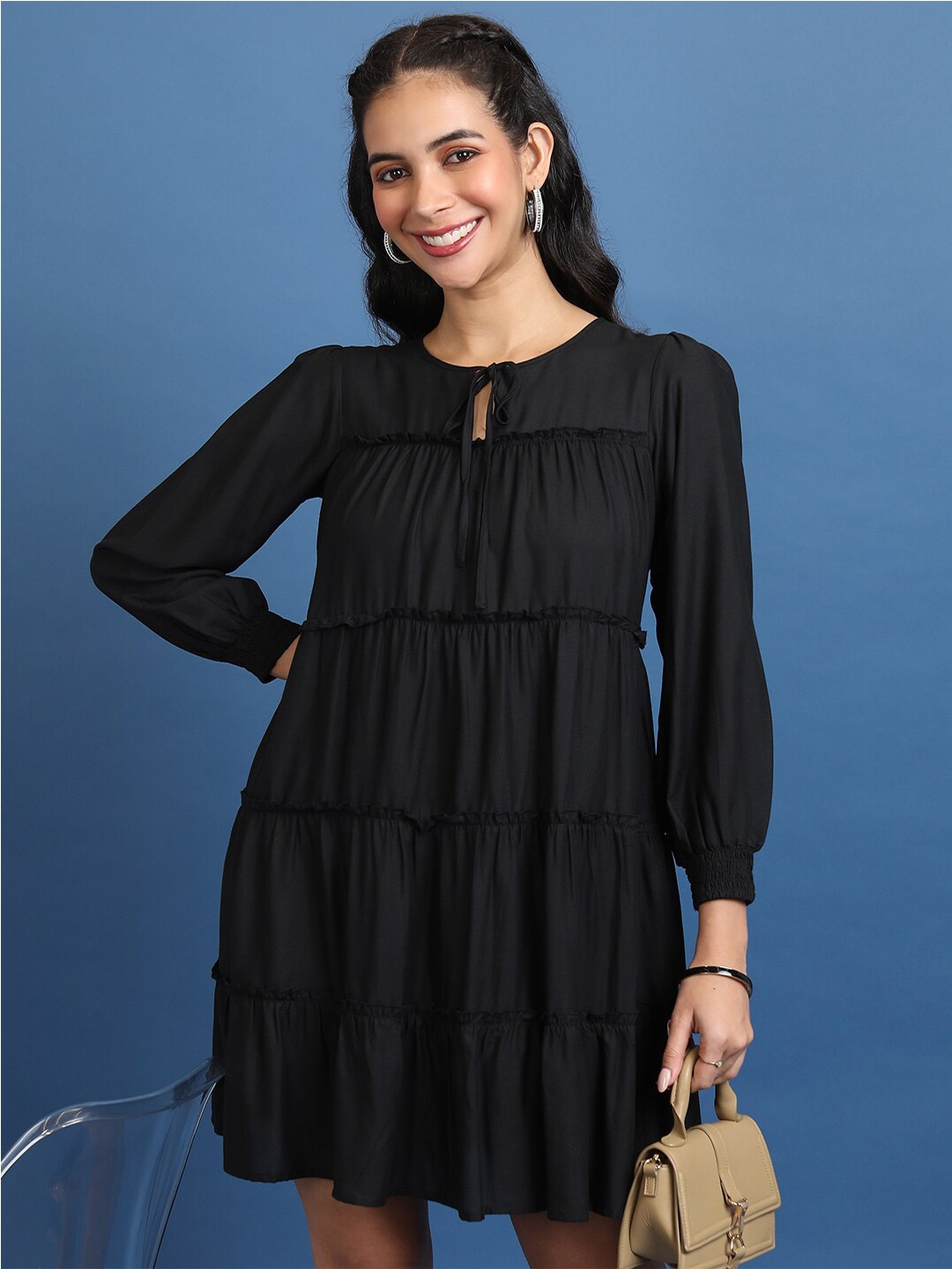 

Vishudh Black Long Sleeves Tiered A-Line Mini Dress