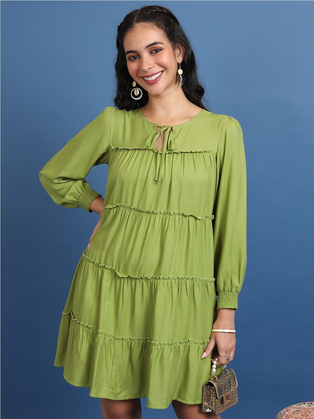 

Vishudh Olive Green Long Sleeves Tiered A-Line Mini Dress