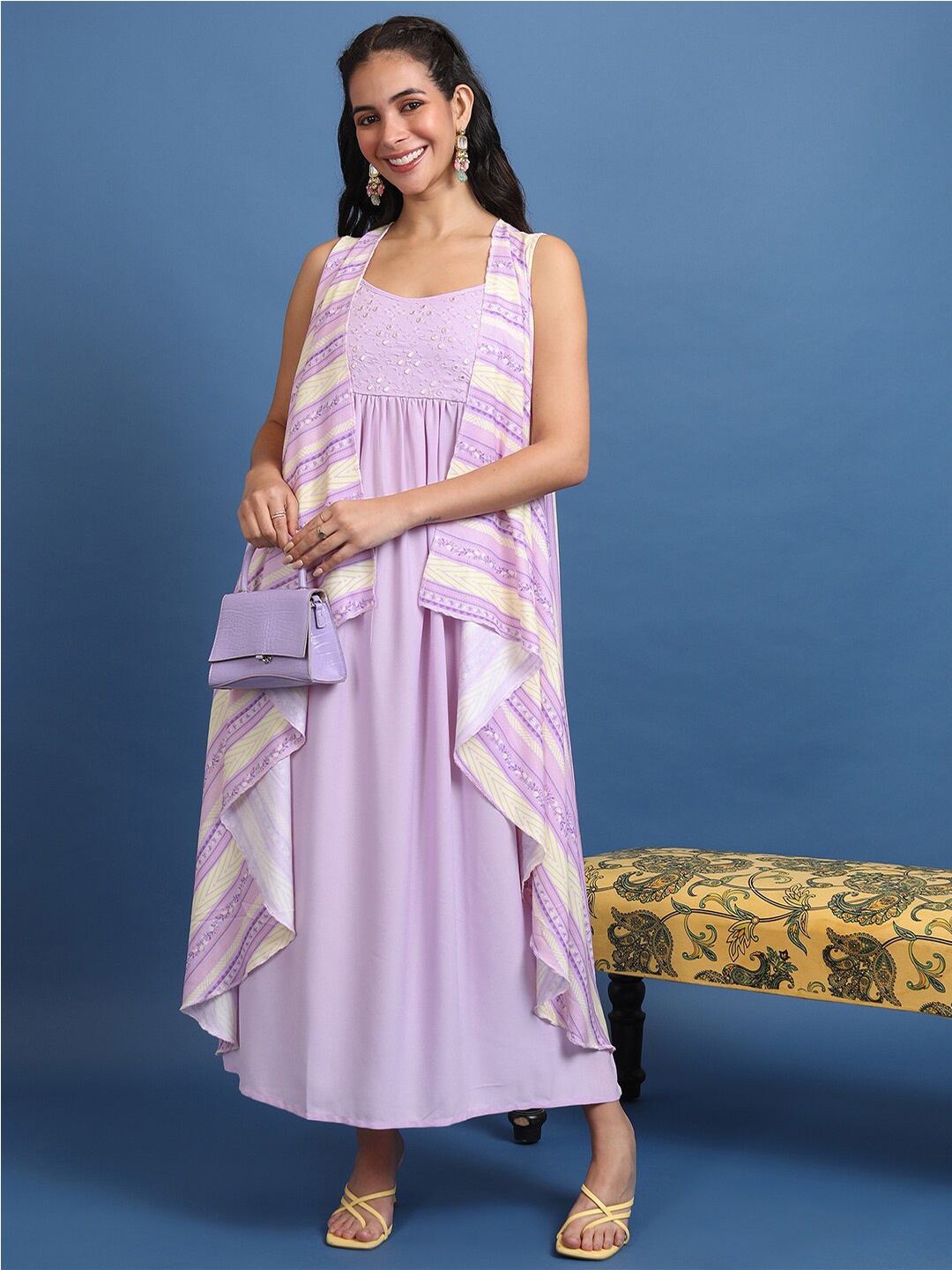 

Vishudh Lavender Geometric Embroidered Shoulder Straps A-Line Dress With Jacket