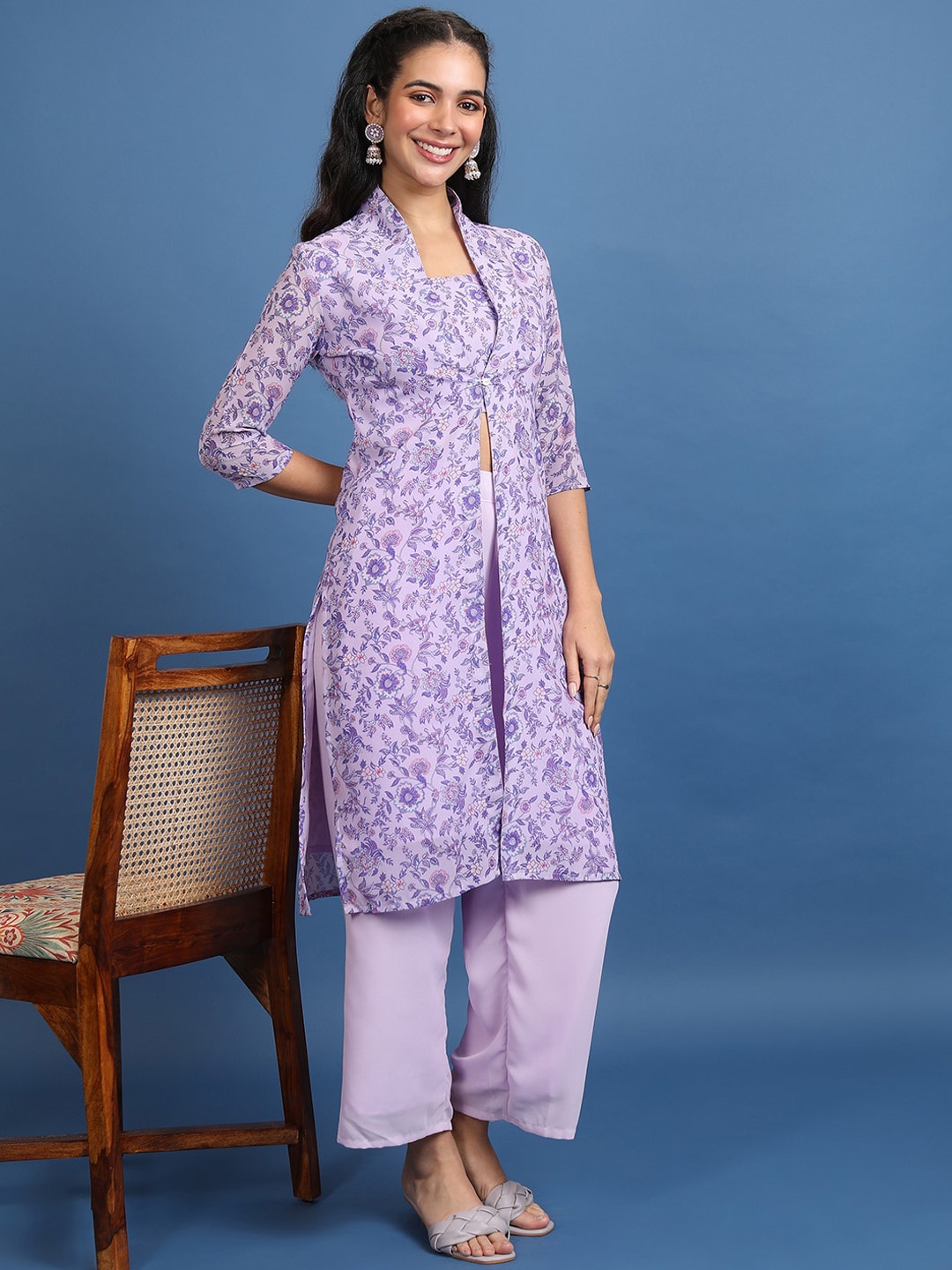 

Vishudh Lavender Printed Crop Top & Jacket With Palazzos