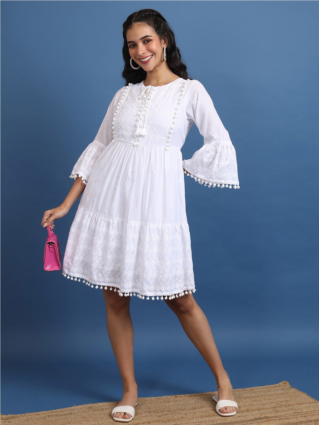 

Vishudh White Striped Embroidered Bell Sleeves A-Line Dress