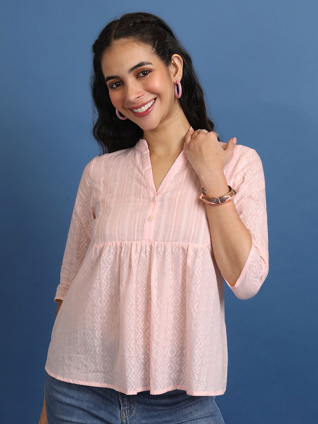 

Vishudh Self Design Mandarin Collar Cotton Peplum Top, Pink