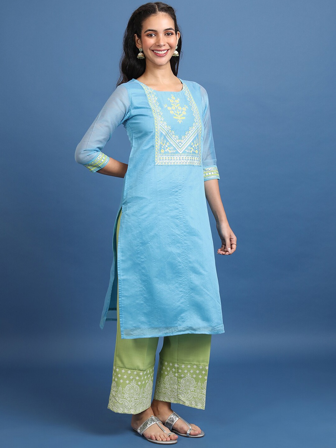 

Vishudh Blue Ethnic Motifs Yoke Design Straight Cotton Kurta