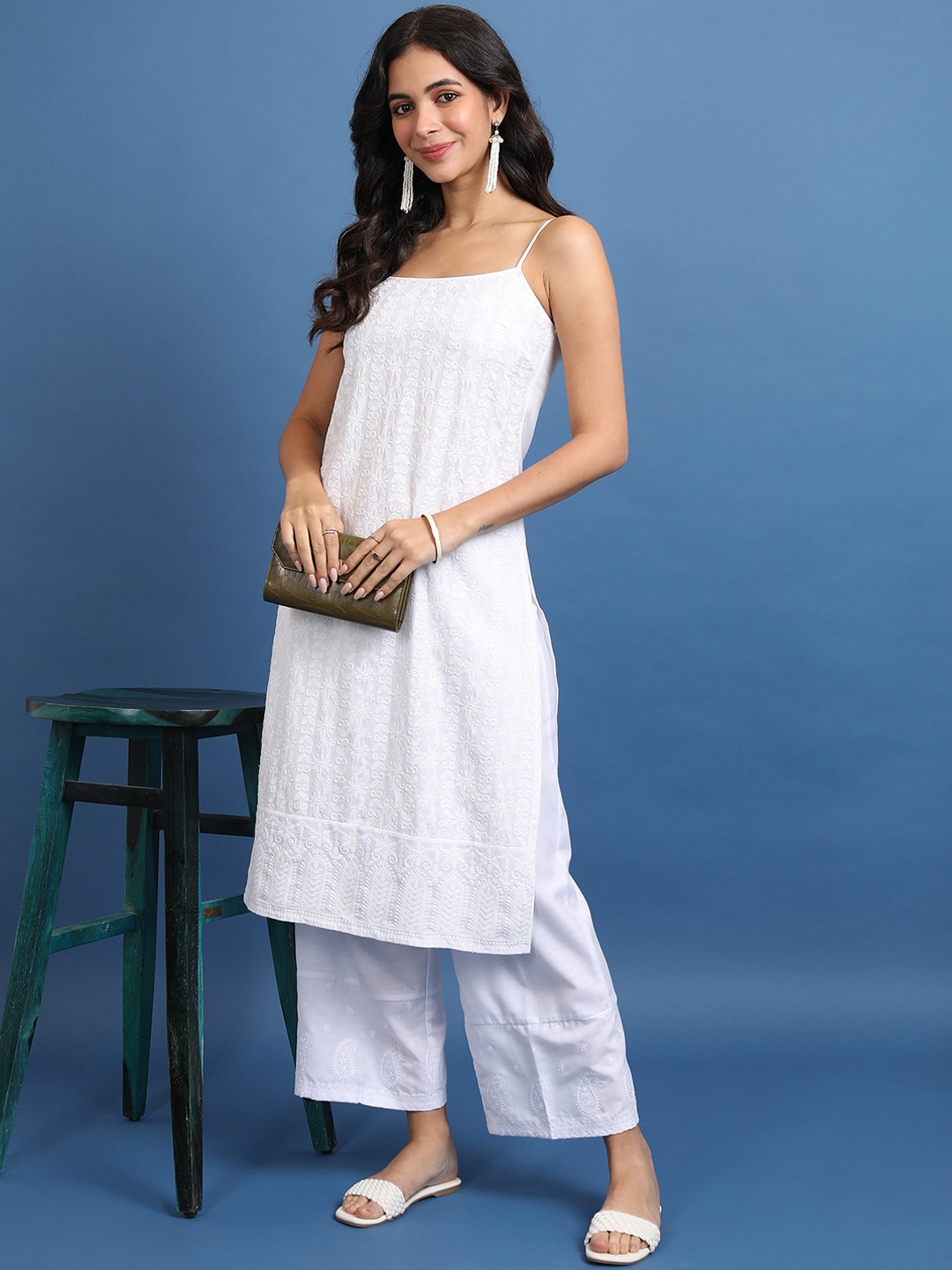 

Vishudh Floral Embroidered Shoulder Strapped Schiffli Straight Kurta, White