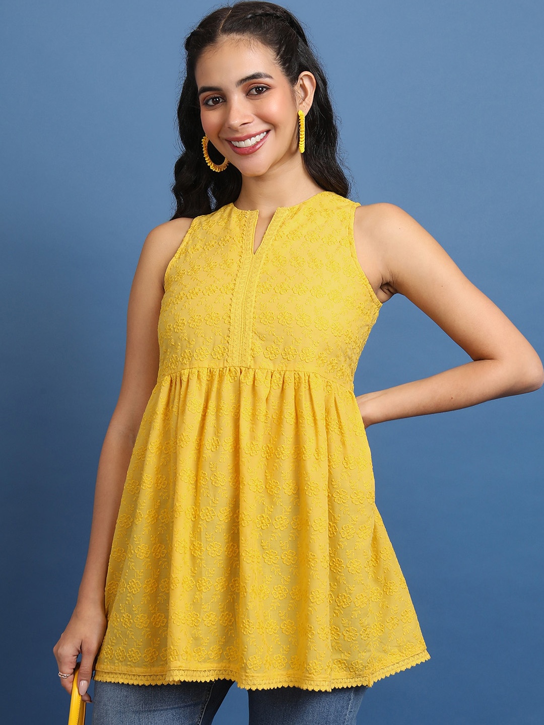 

Vishudh Floral Embroidered Sleeveless Kurthi, Yellow
