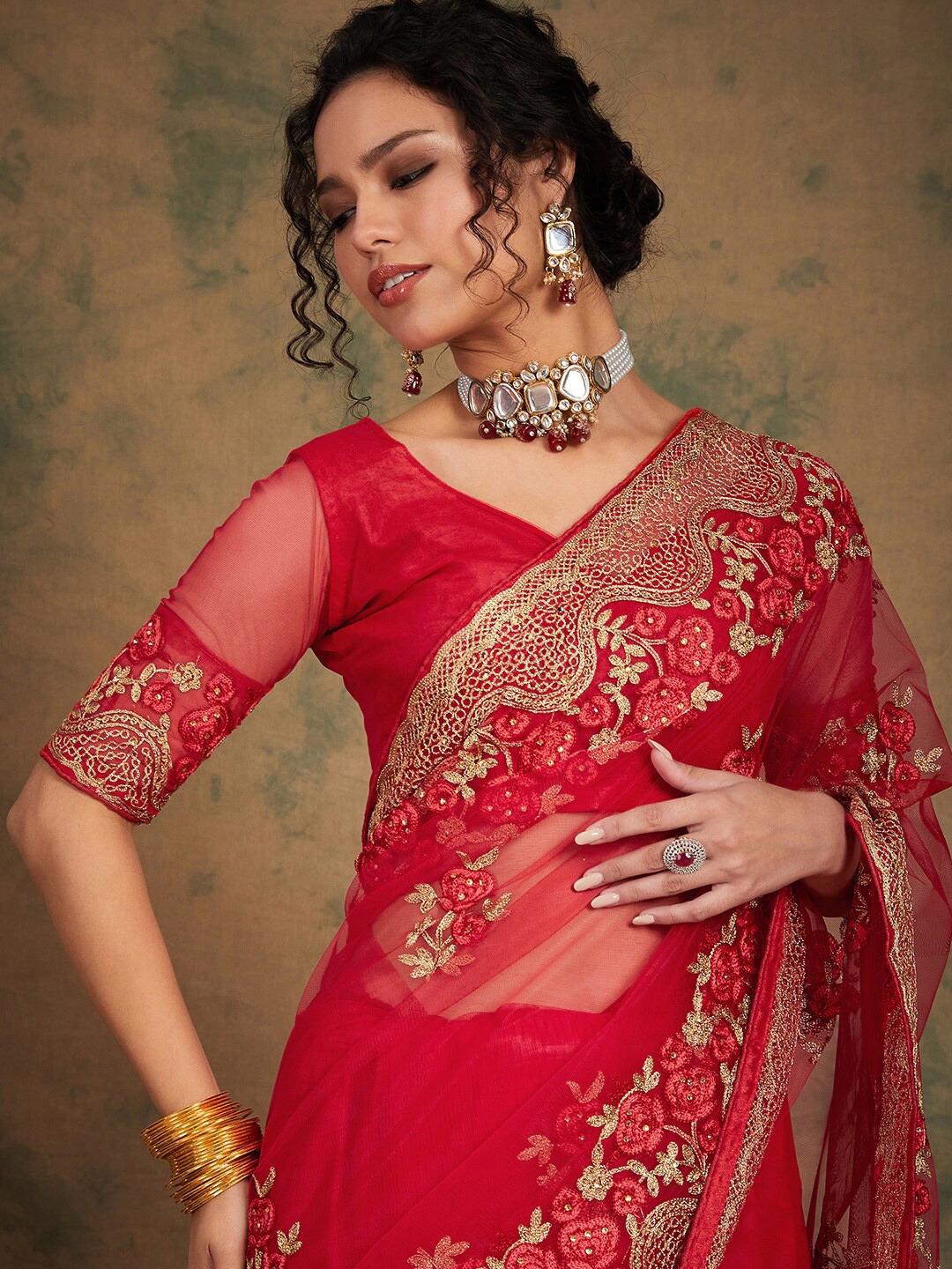 

Sangria Ethnic Motifs Embroidered Net Saree, Red