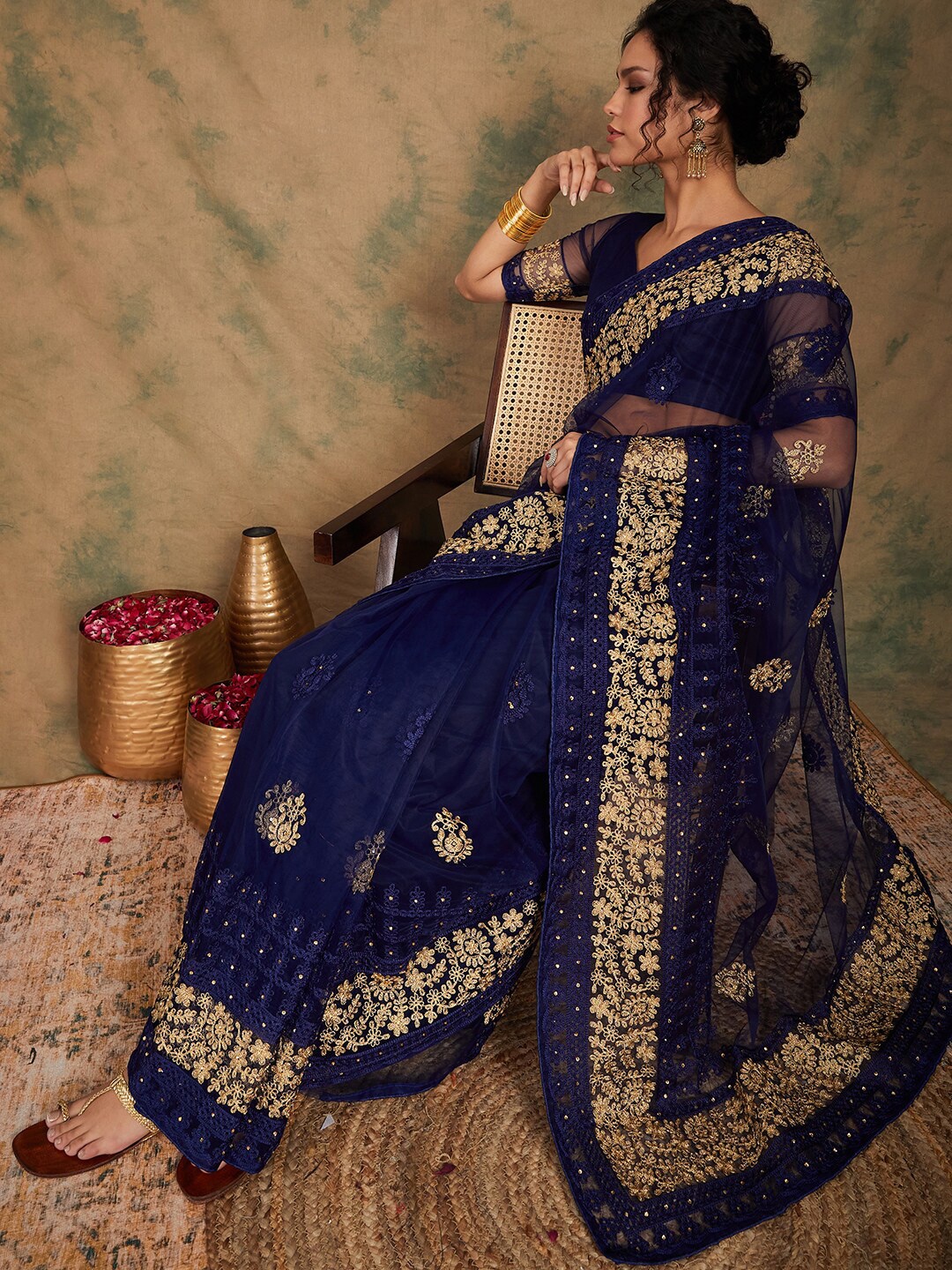 

Sangria Navy Blue Ethnic Motifs Embroidered Saree
