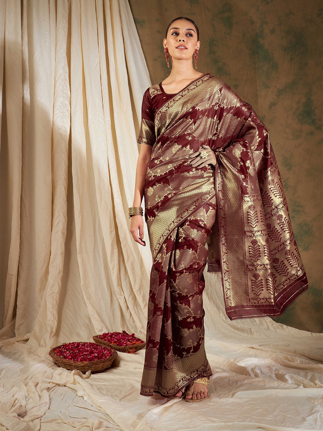 

Sangria Maroon Ethnic Motifs Woven Design Banarasi Sarees With Blouse