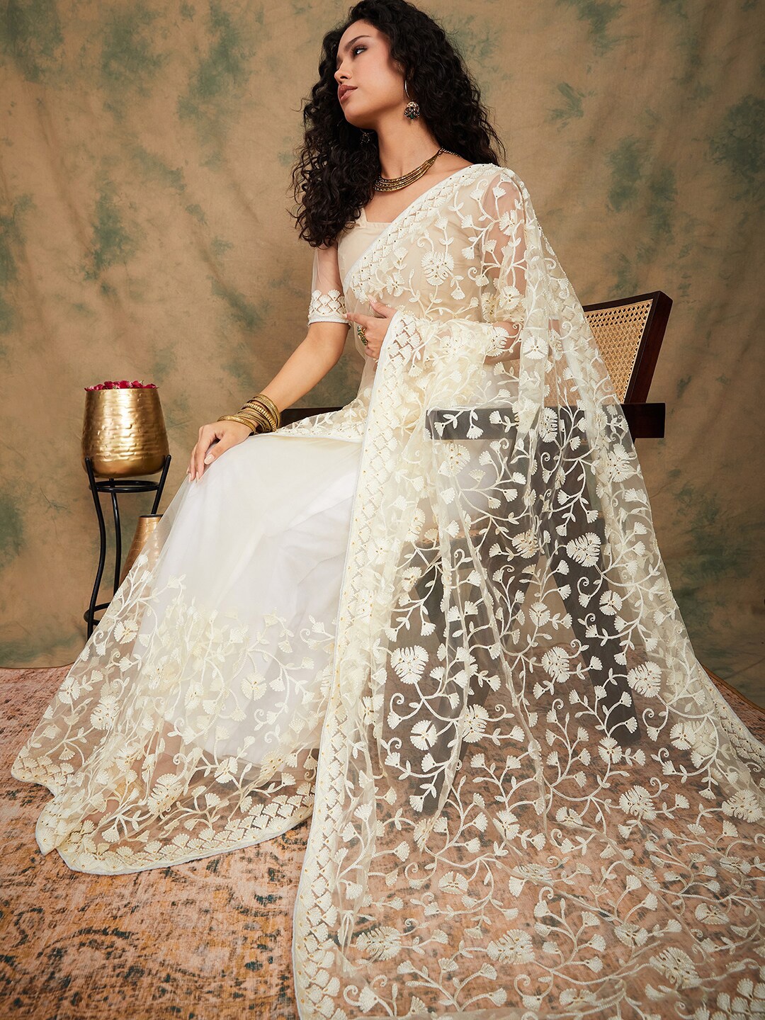 

Sangria Floral Embroidered Sarees, Cream