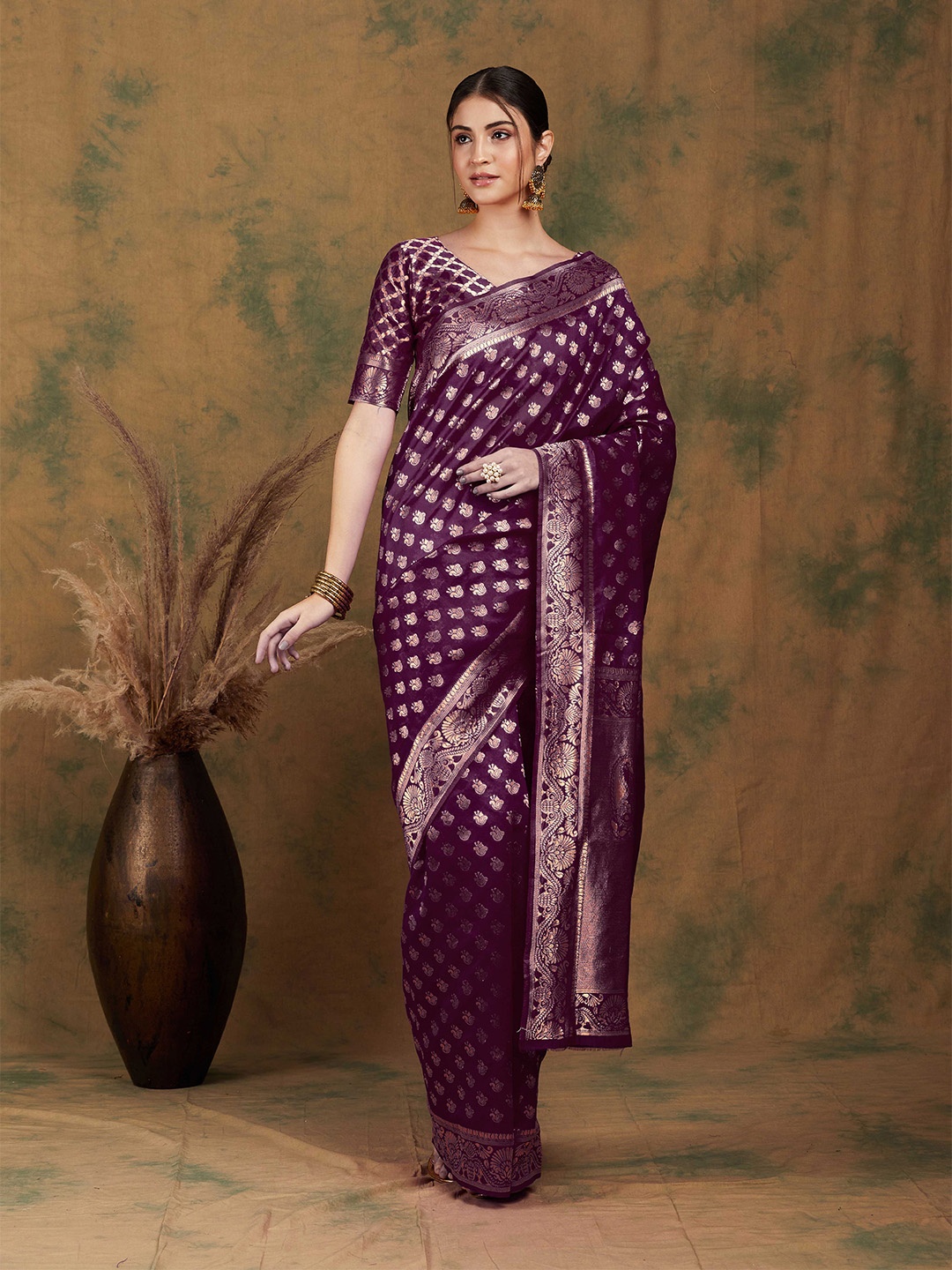 

Sangria Ethnic Motifs Woven Design Zari Kanjeevaram Sarees, Purple