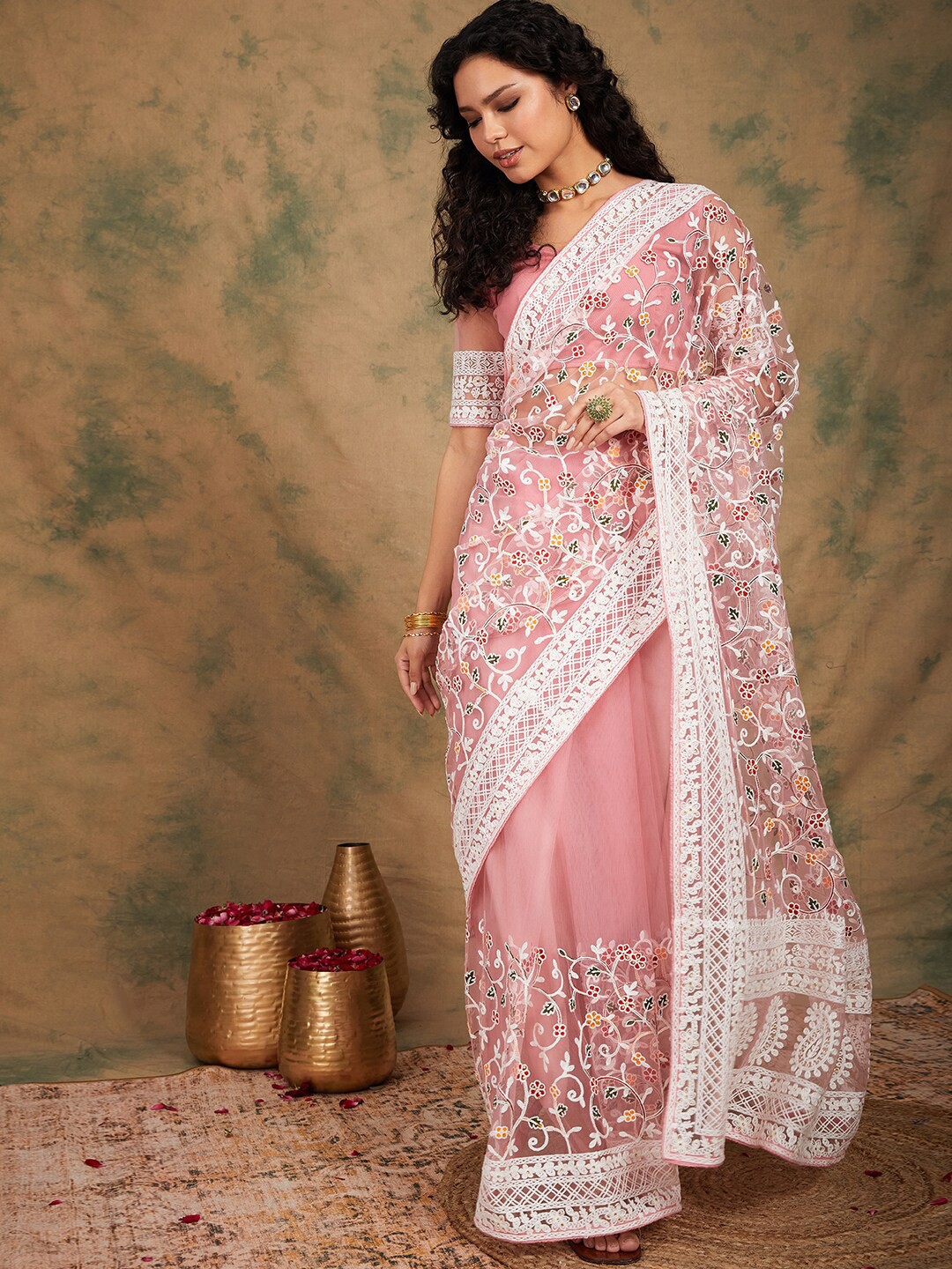 

Sangria Pink Floral Embroidered Net Saree