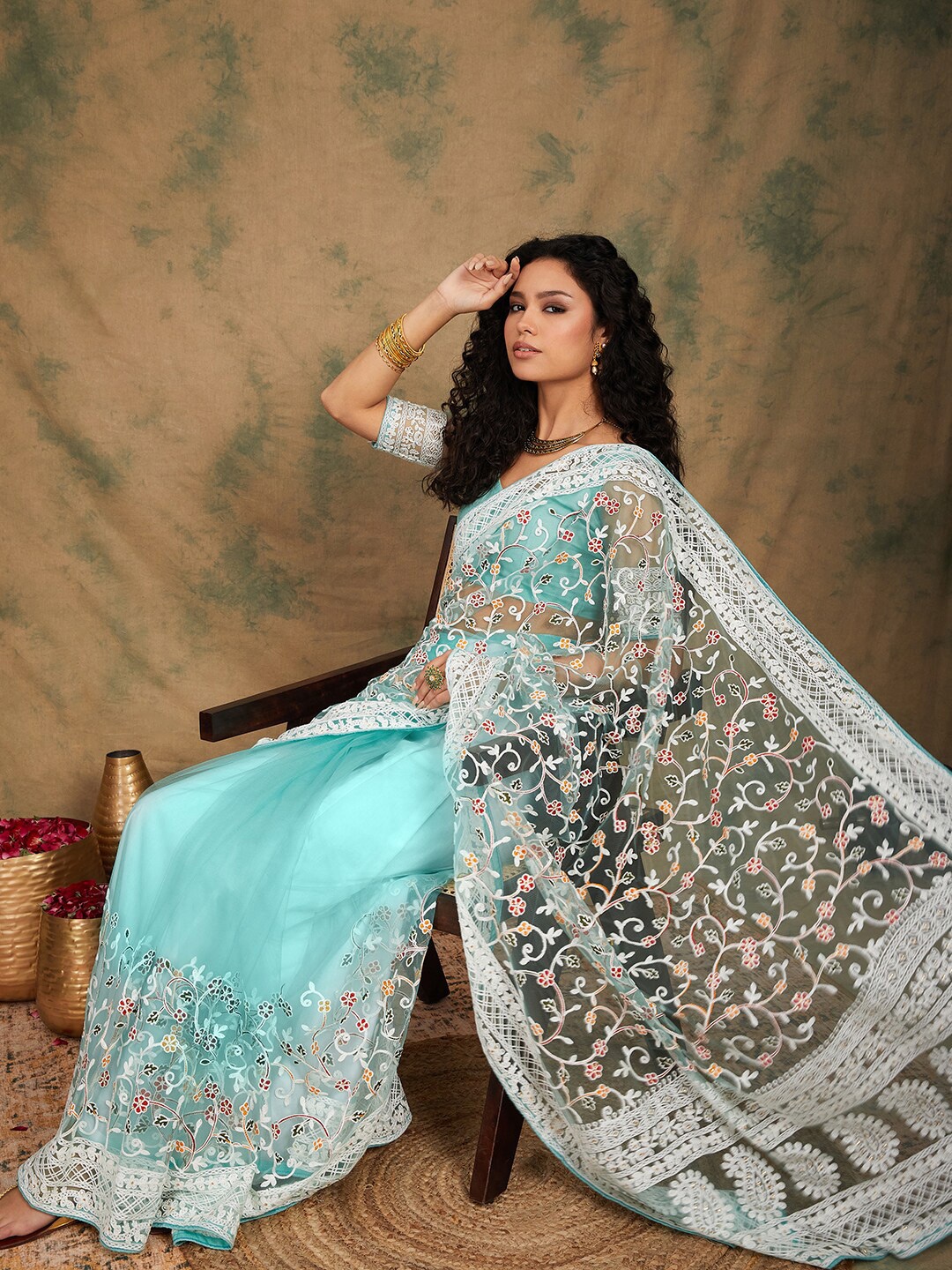 

Sangria Floral Embroidered Net Sarees, Sea green