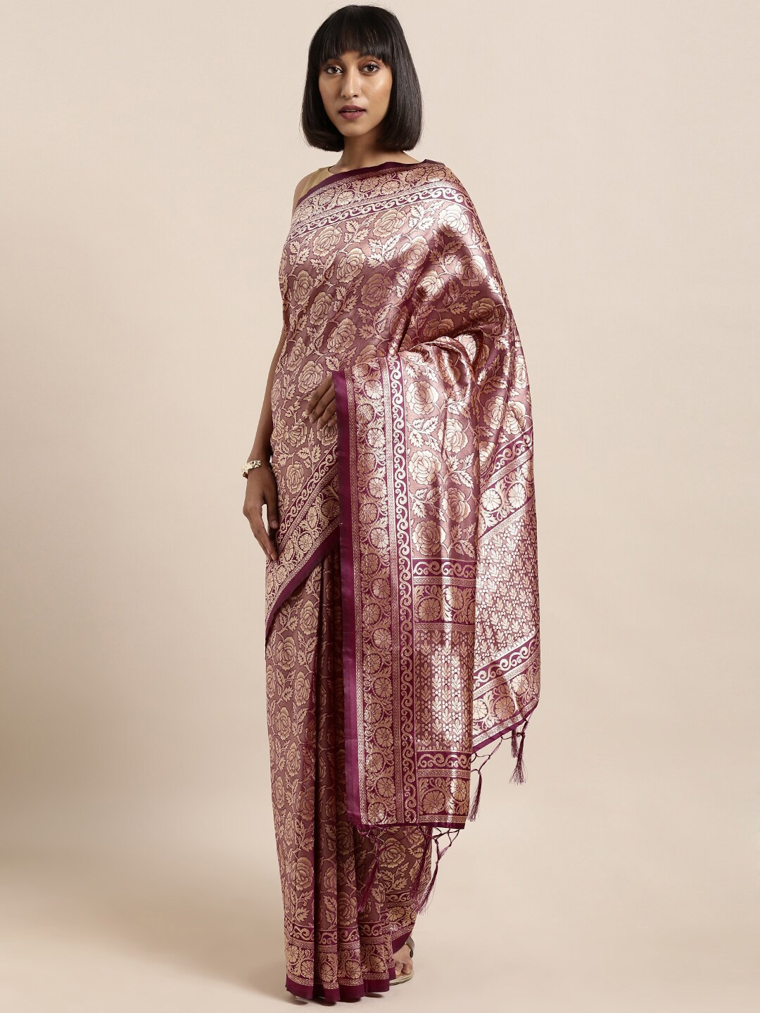 

Sangria Ethnic Motifs Woven Design Zari Kanjeevaram Sarees, Burgundy