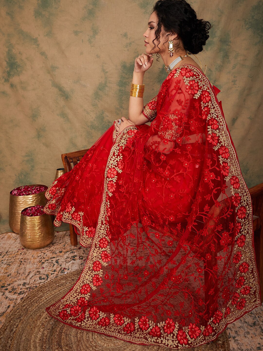 

Sangria Floral Embroidered Net Sarees, Red