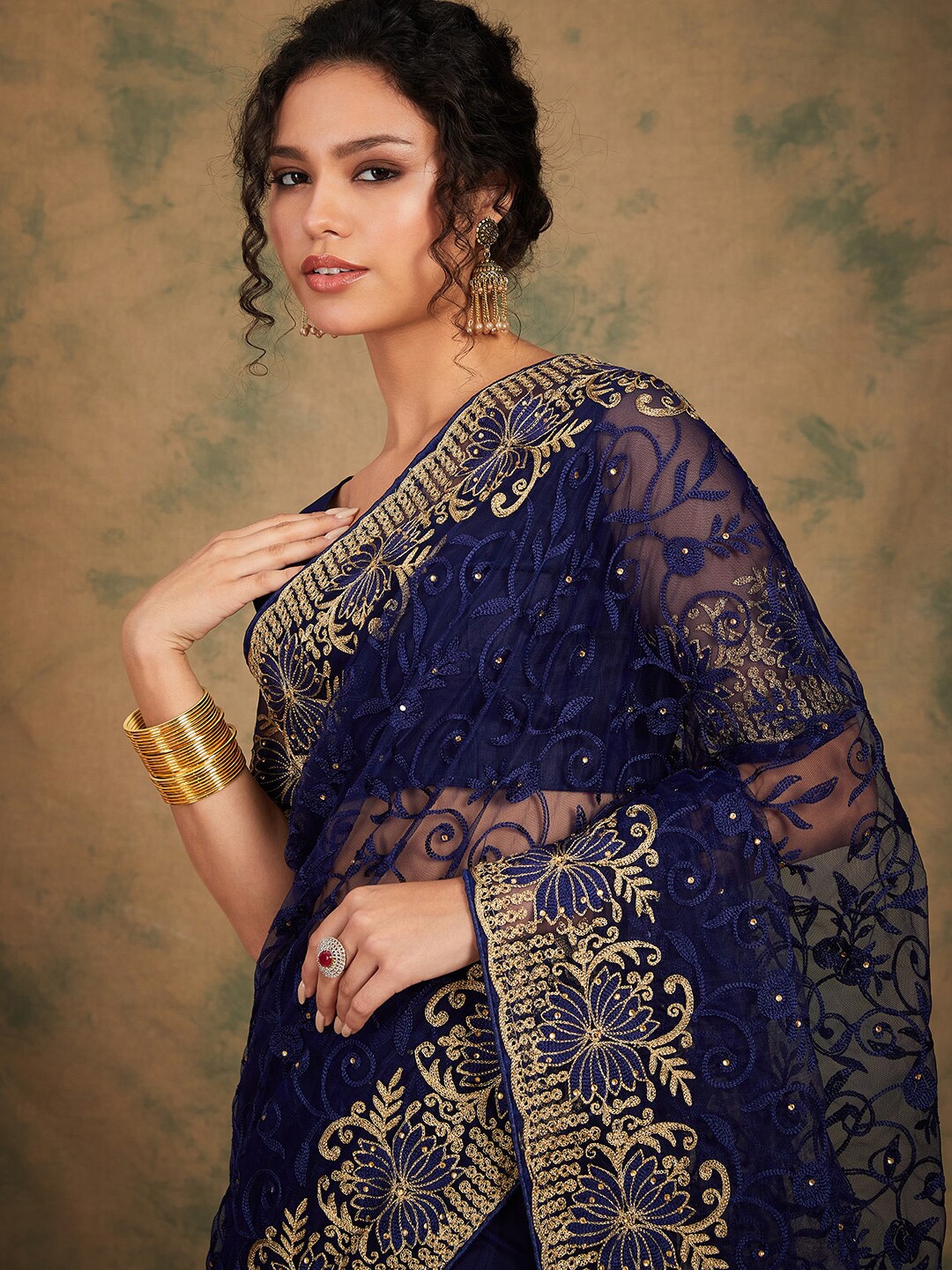 

Sangria Embroidered Net Sarees, Navy blue