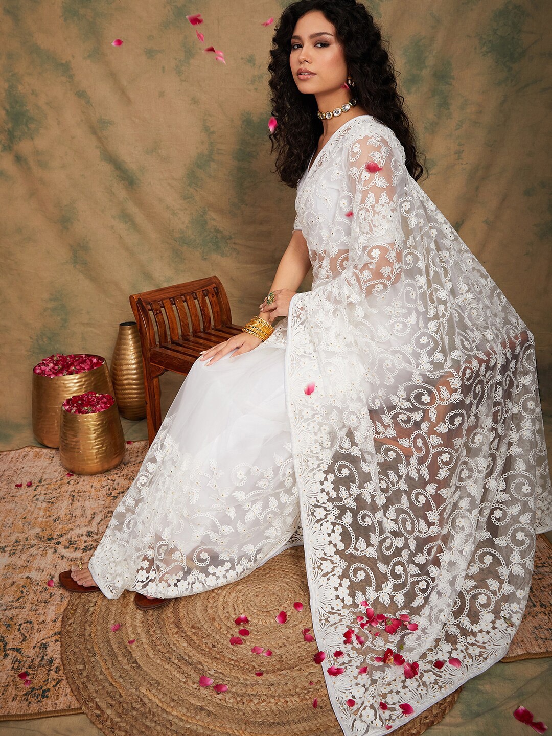 

Sangria Ethnic Motifs Embroidered Net Saree, White