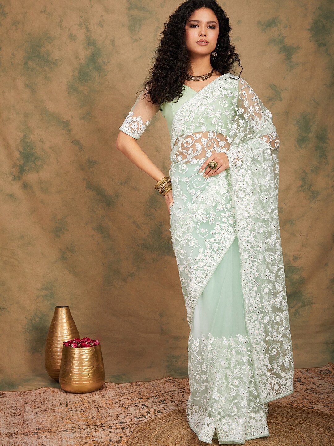 Sangria Embroidered Net Sarees, Green