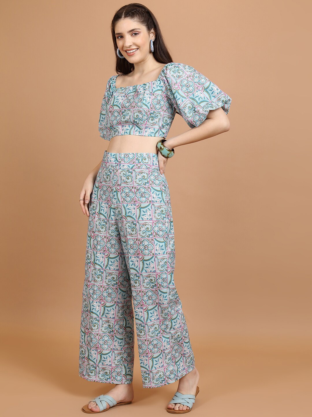 

Vishudh Printed Off Shoulder Crop Top With Trousers, Blue