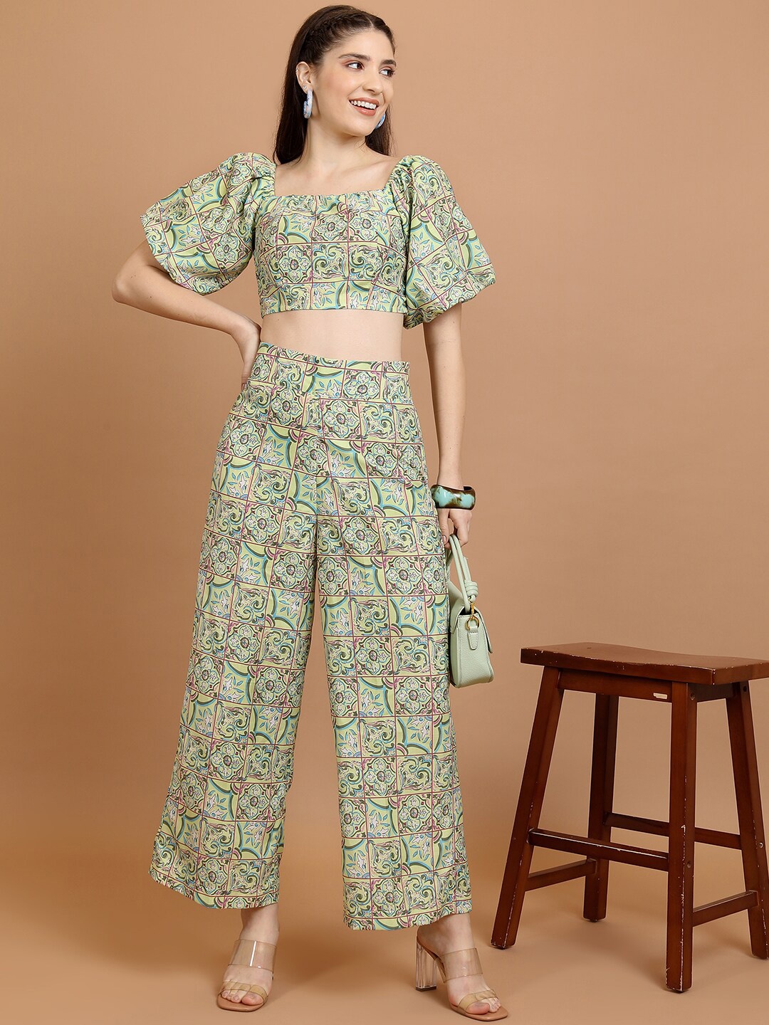 

Vishudh Printed Off Shoulder Crop Top With Trousers, Green