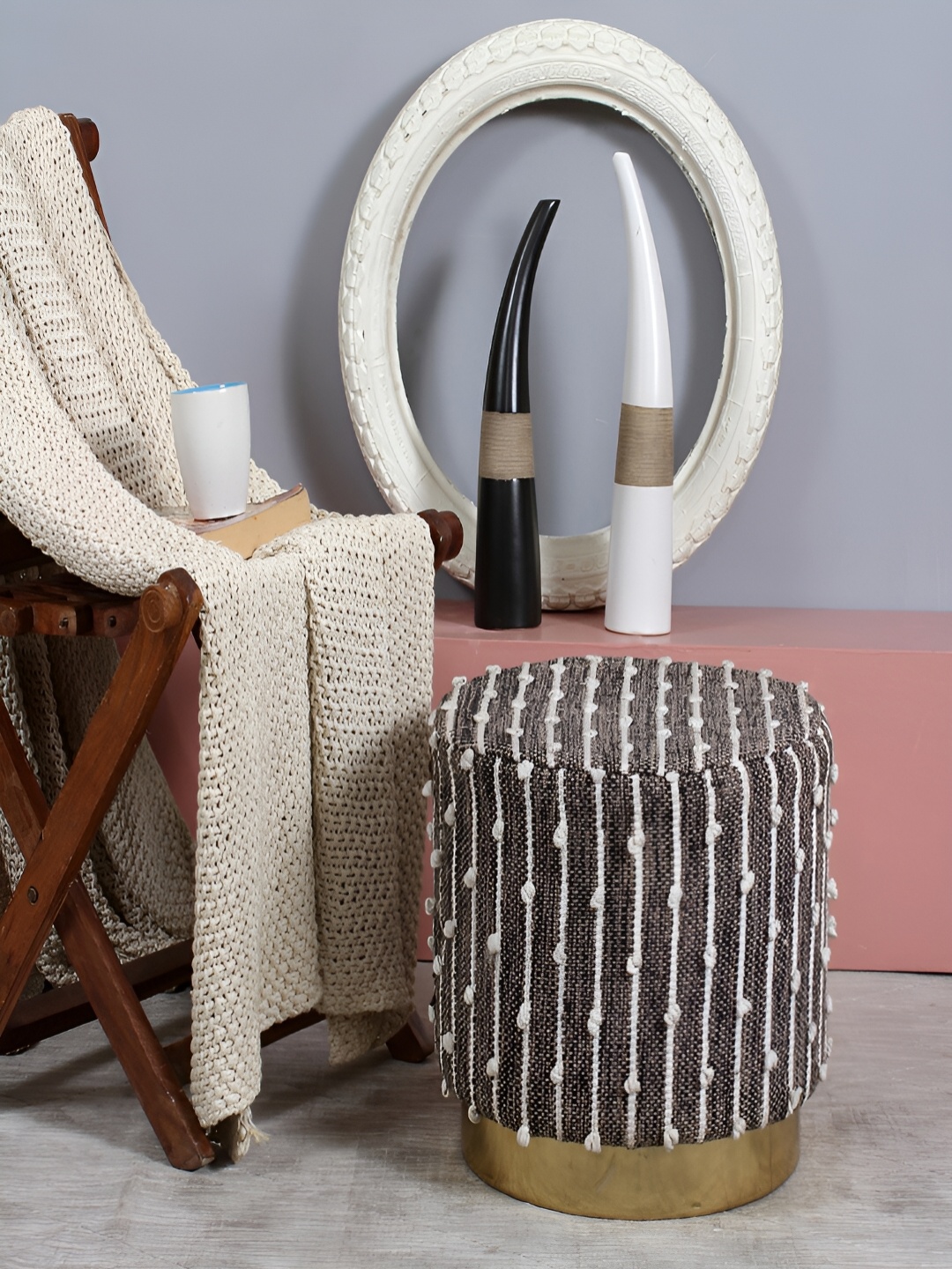 

COMFIDELITAS Grey Striped Round-Shaped Seating Ottoman