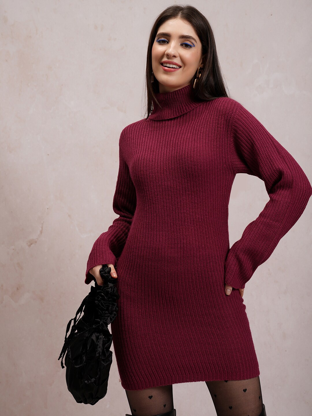 

Tokyo Talkies Maroon Self Designed High Neck Drop Shoulder Acrylic Mini Sweater Dress