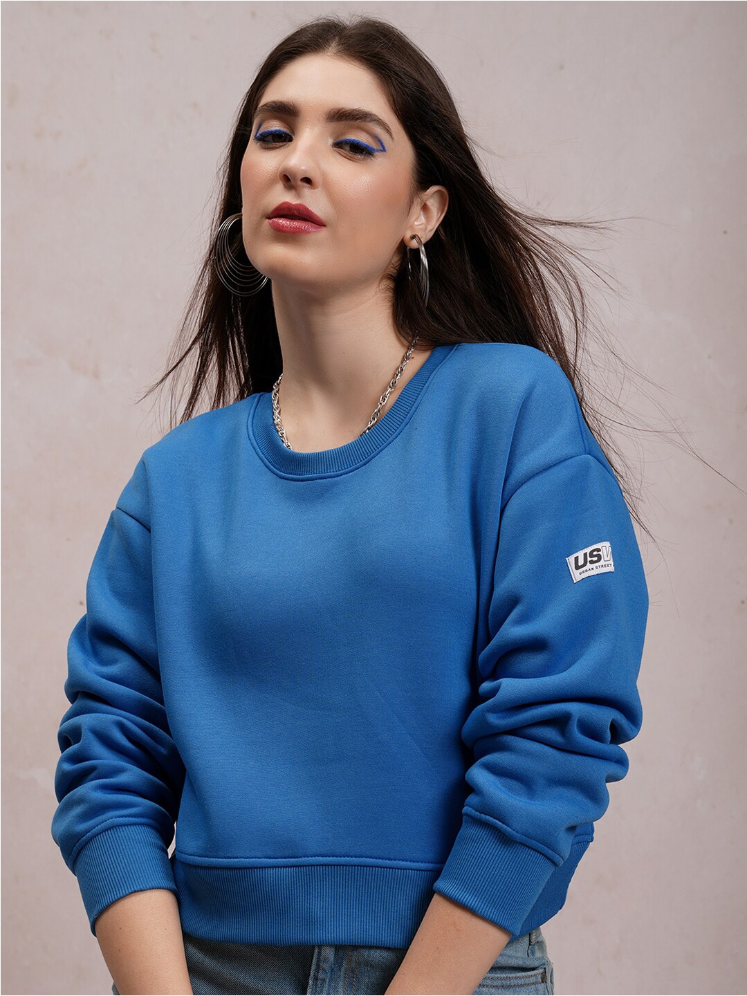 

Tokyo Talkies Blue Relaxed Fit Pullover Crop Sweatshirt