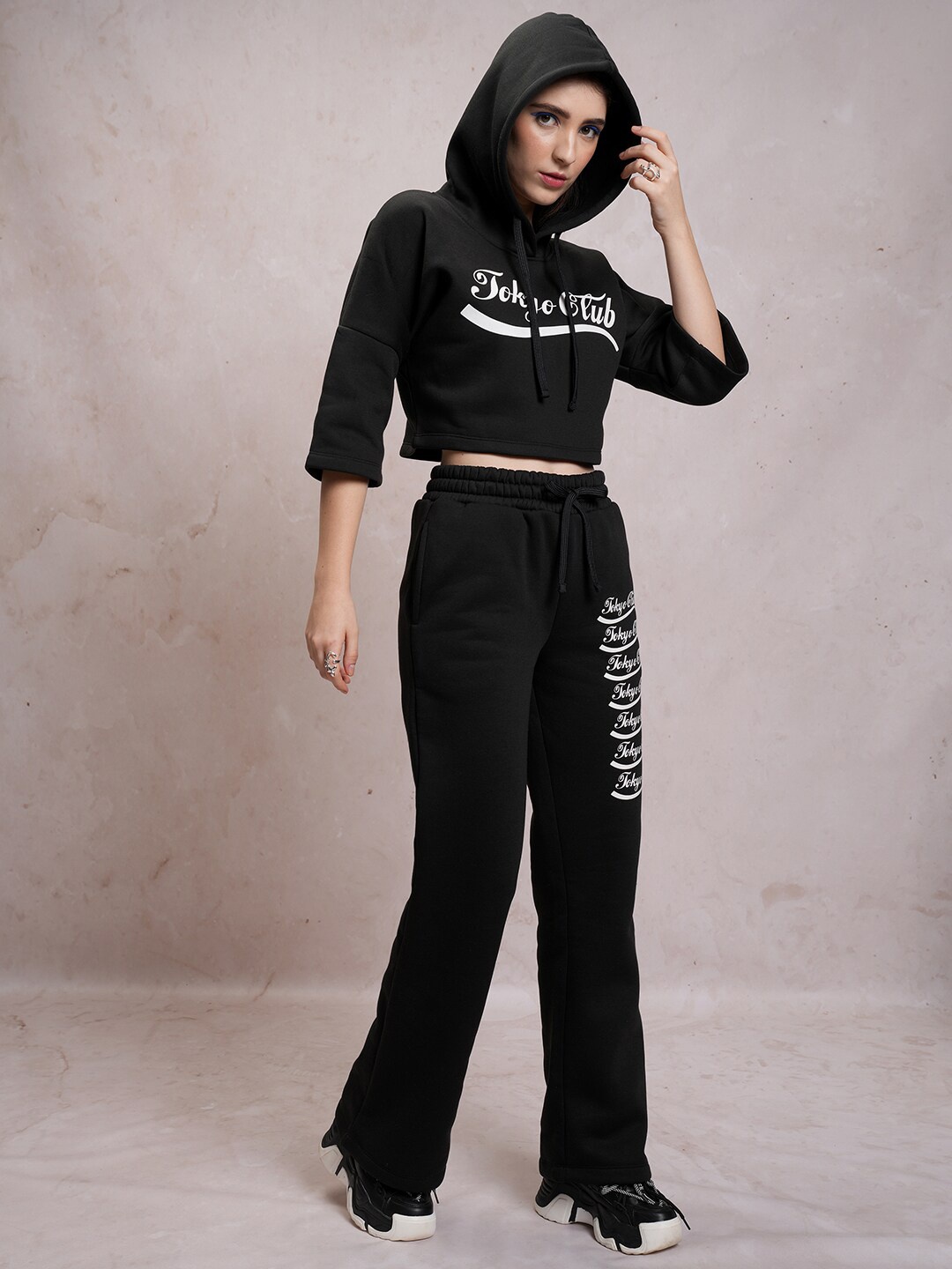 

Tokyo Talkies Black Typography Printed Relaxed Fit Hooded Sweatshirt & Trouser