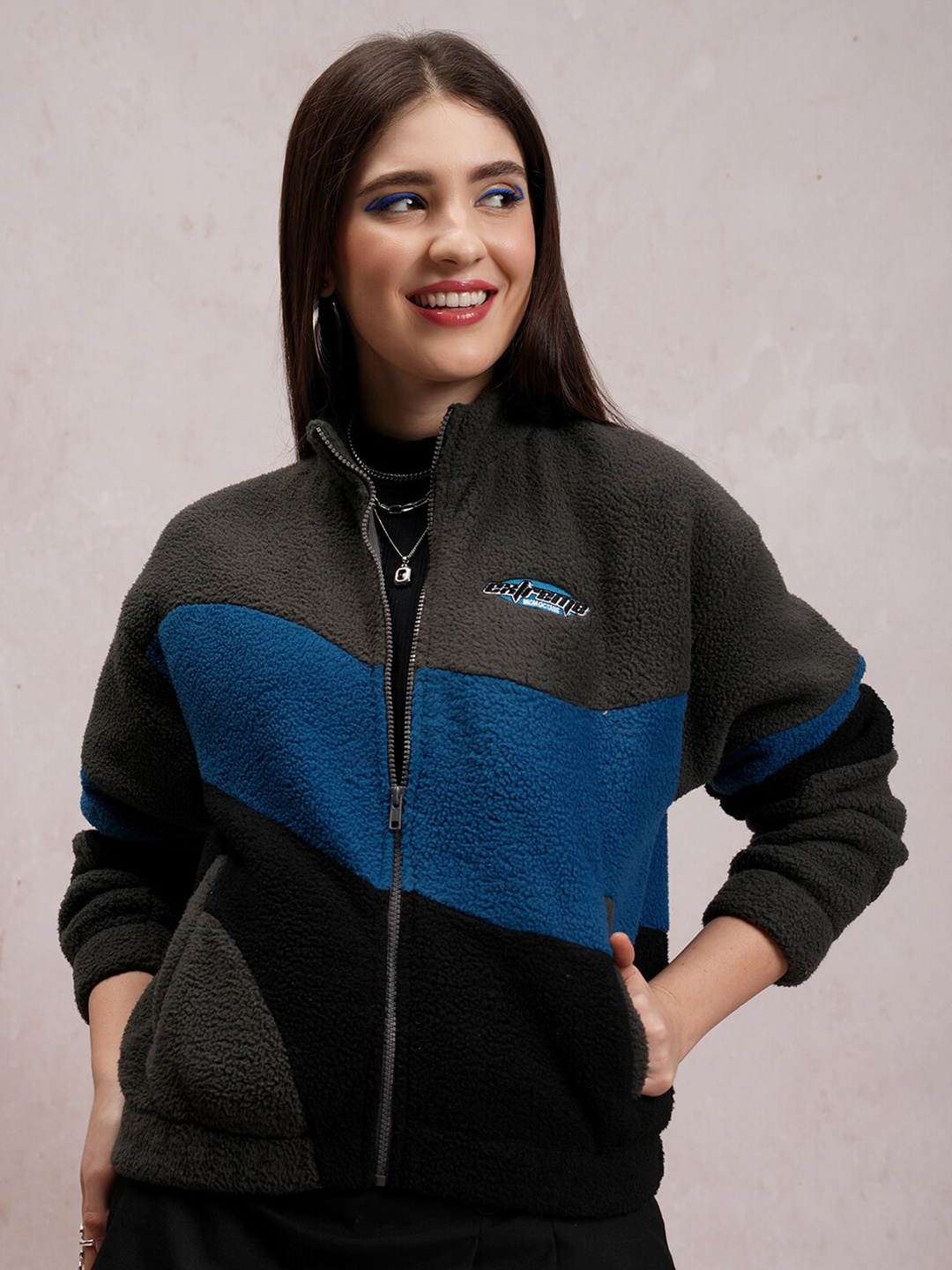 

Tokyo Talkies Grey Colourblocked Mock Collar Front-Open Sweatshirt