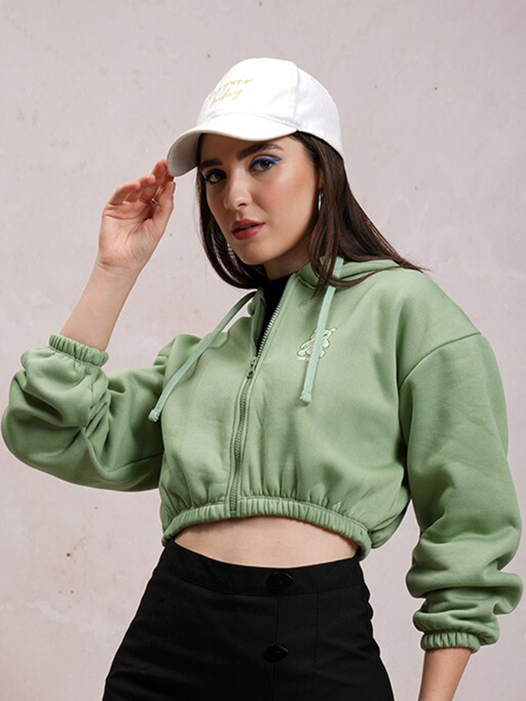 

Tokyo Talkies Green Hooded Front-Open Sweatshirt