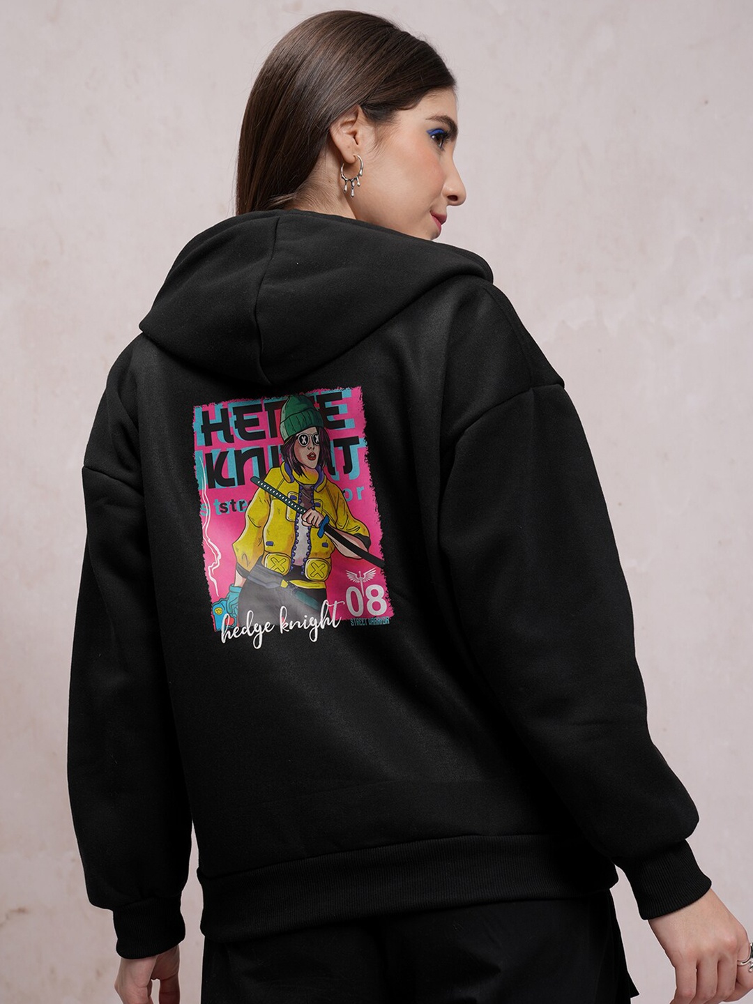 

Tokyo Talkies Black Graphic Printed Hooded Oversized Pullover Sweatshirt