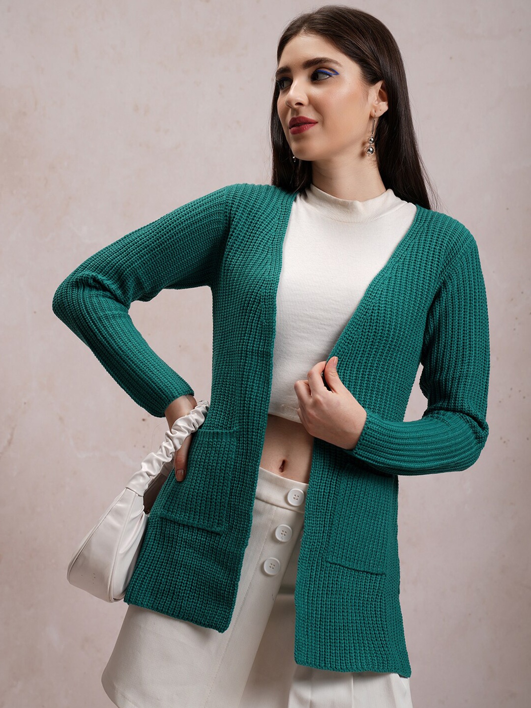 

Tokyo Talkies Teal Cable Knit Longline Acrylic Front-Open Sweater