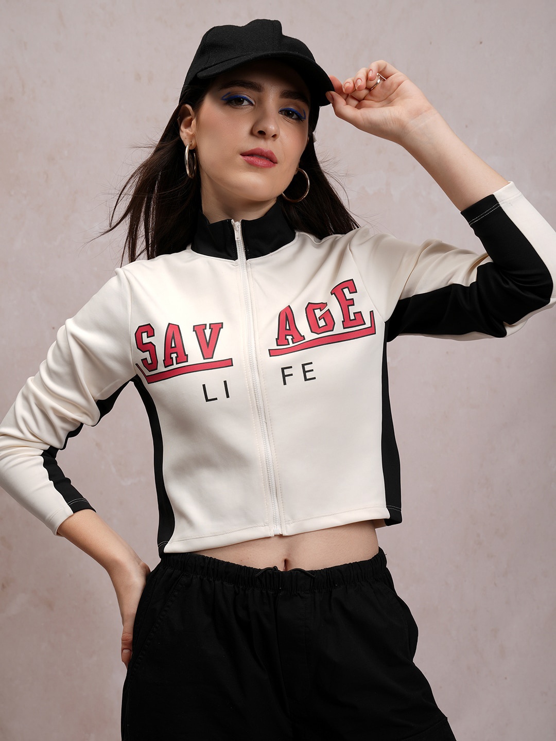 

Tokyo Talkies Off White Colourblocked Slim Fit Crop Sporty Jacket